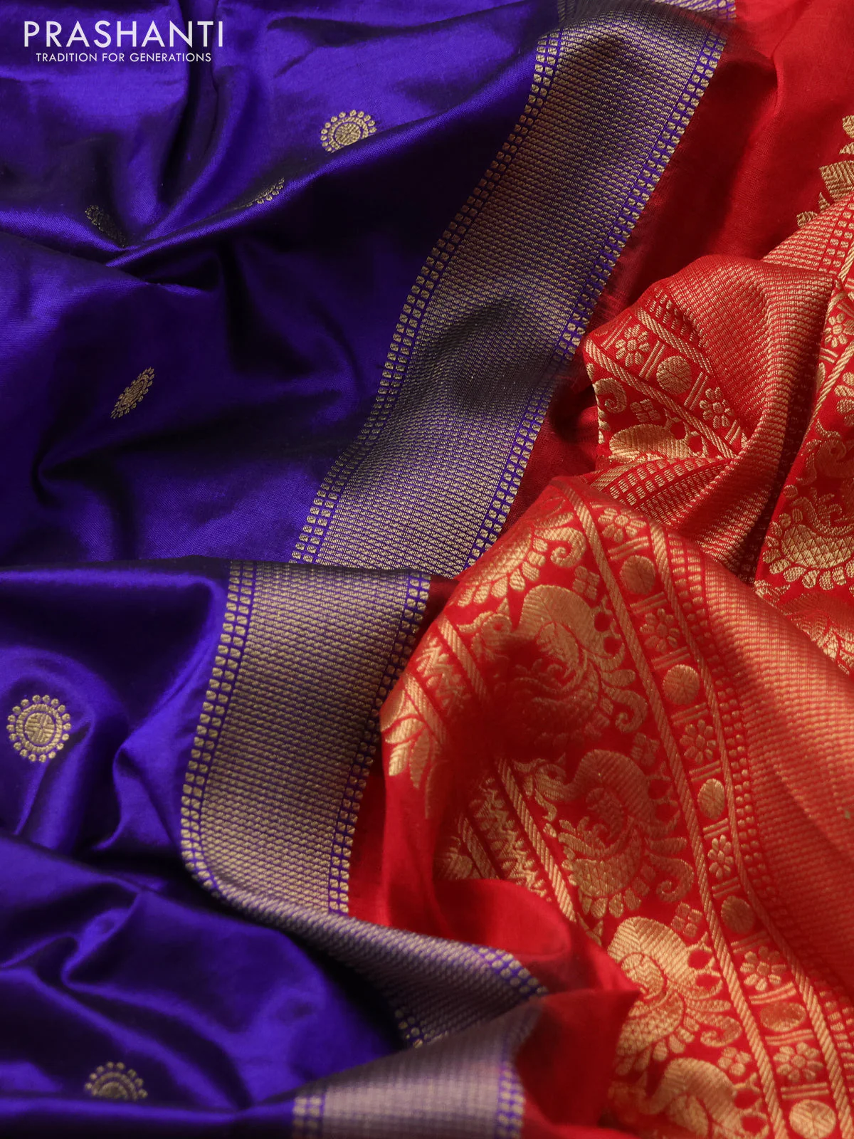 Narayanpet silk saree blue and red with allover zari woven buttas and temple design long zari woven border - Image 3