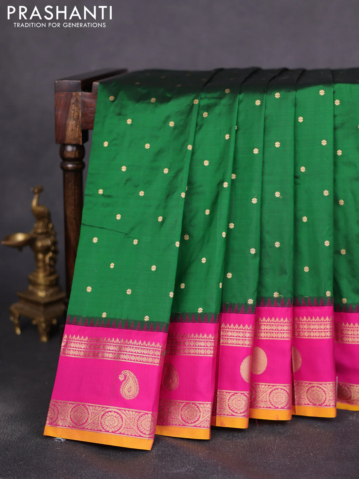 Narayanpet silk saree bottle green and pink with allover zari woven buttas and rettapet zari woven butta border