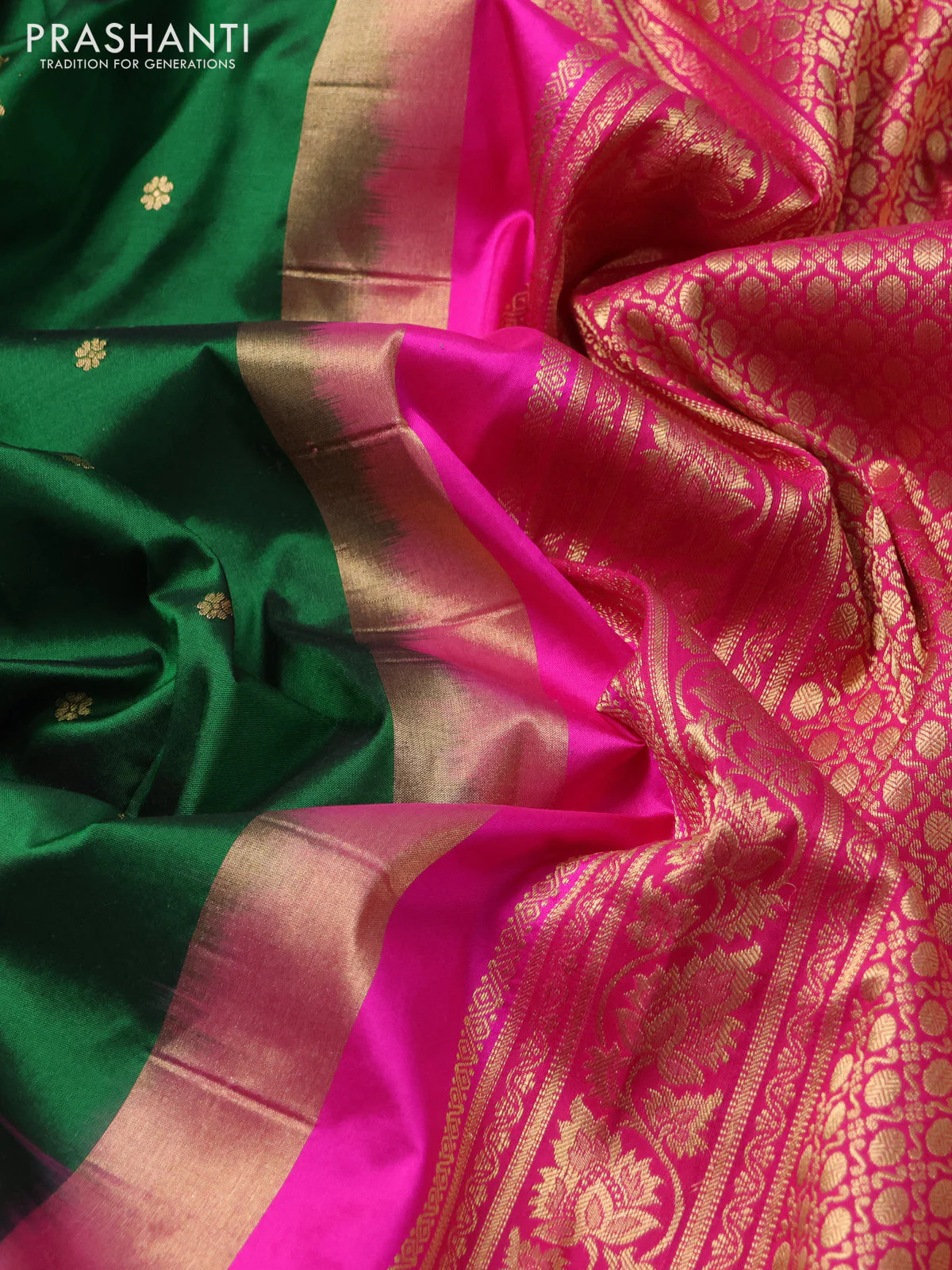 Narayanpet silk saree bottle green and pink with allover zari woven buttas and rettapet zari woven butta border - Image 3