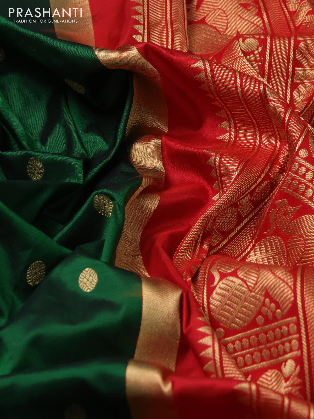 Narayanpet silk saree bottle green and red with allover zari woven buttas and annam zari woven butta korvai border - Image 3