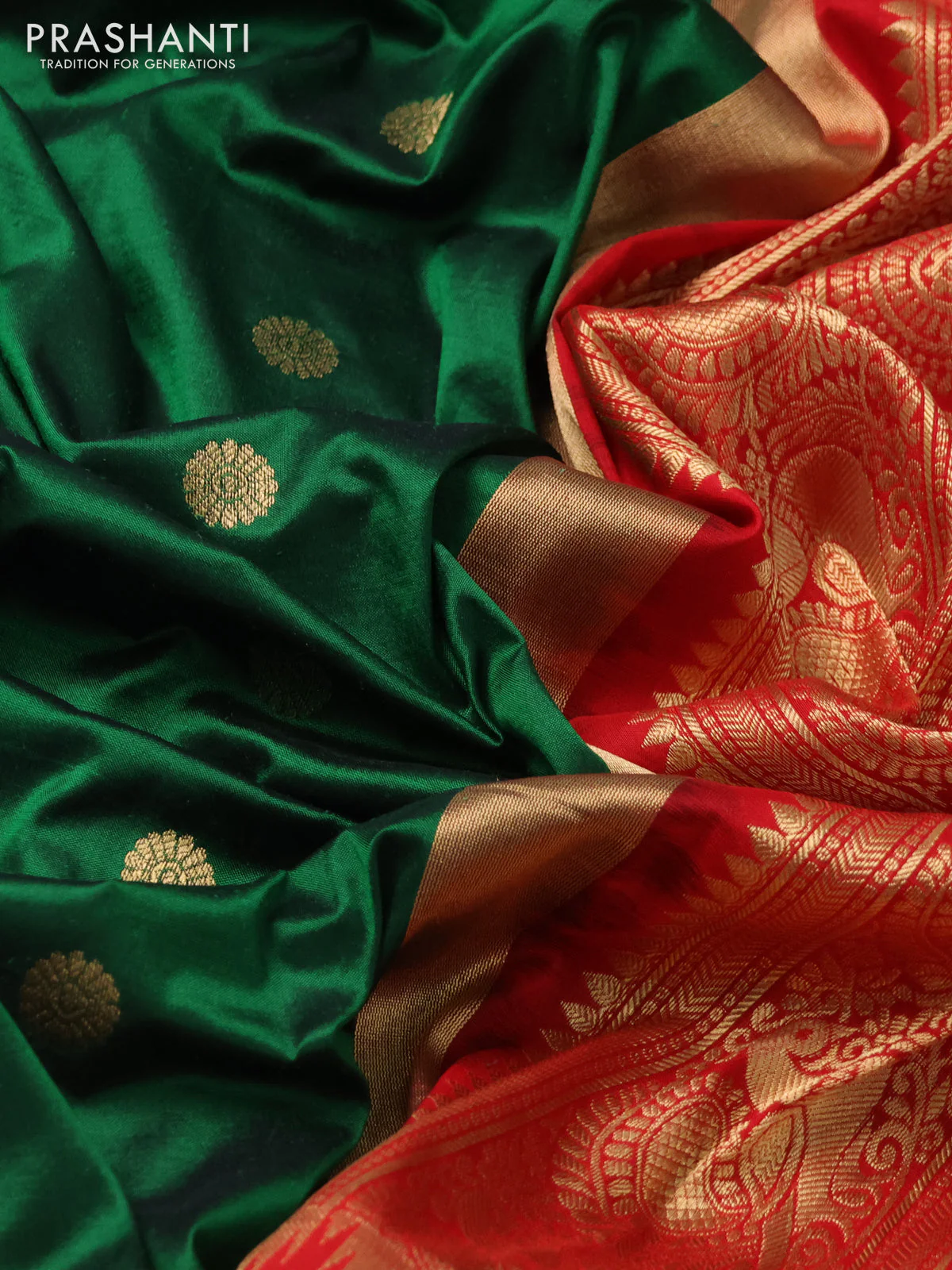 Narayanpet silk saree bottle green and red with allover zari woven buttas and temple design zari woven border - Image 3