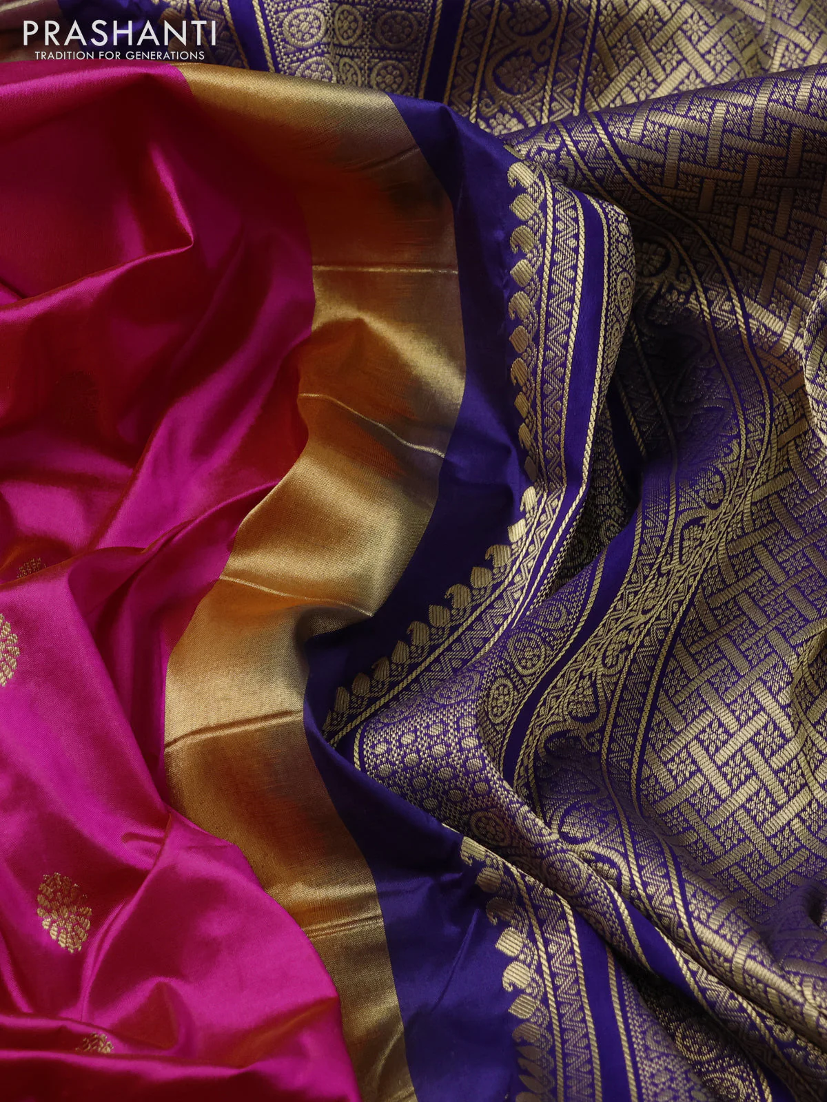 Narayanpet silk saree candy pink and navy blue with allover zari woven buttas and temple design zari woven border - Image 3