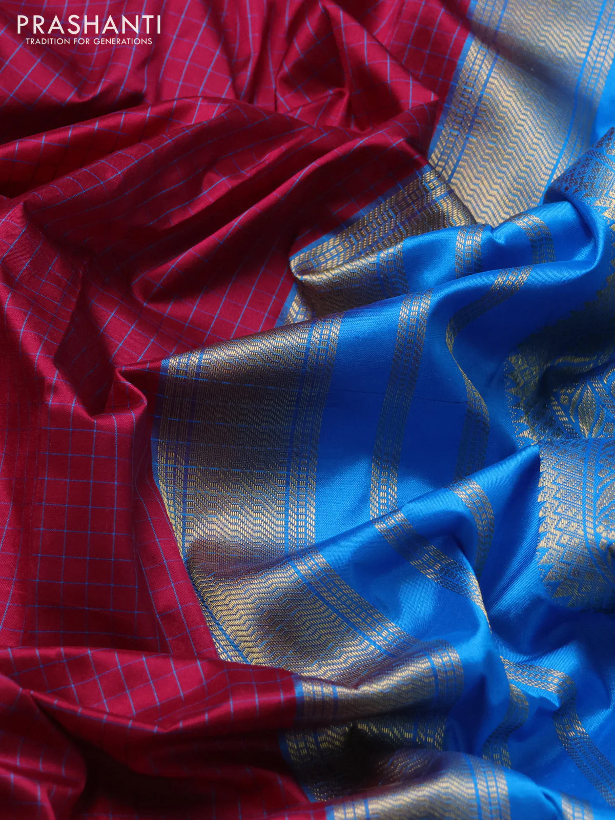 Narayanpet silk saree dark magenta and cs blue with allover small checked pattern and rettapet annam zari woven korvai border - Image 3