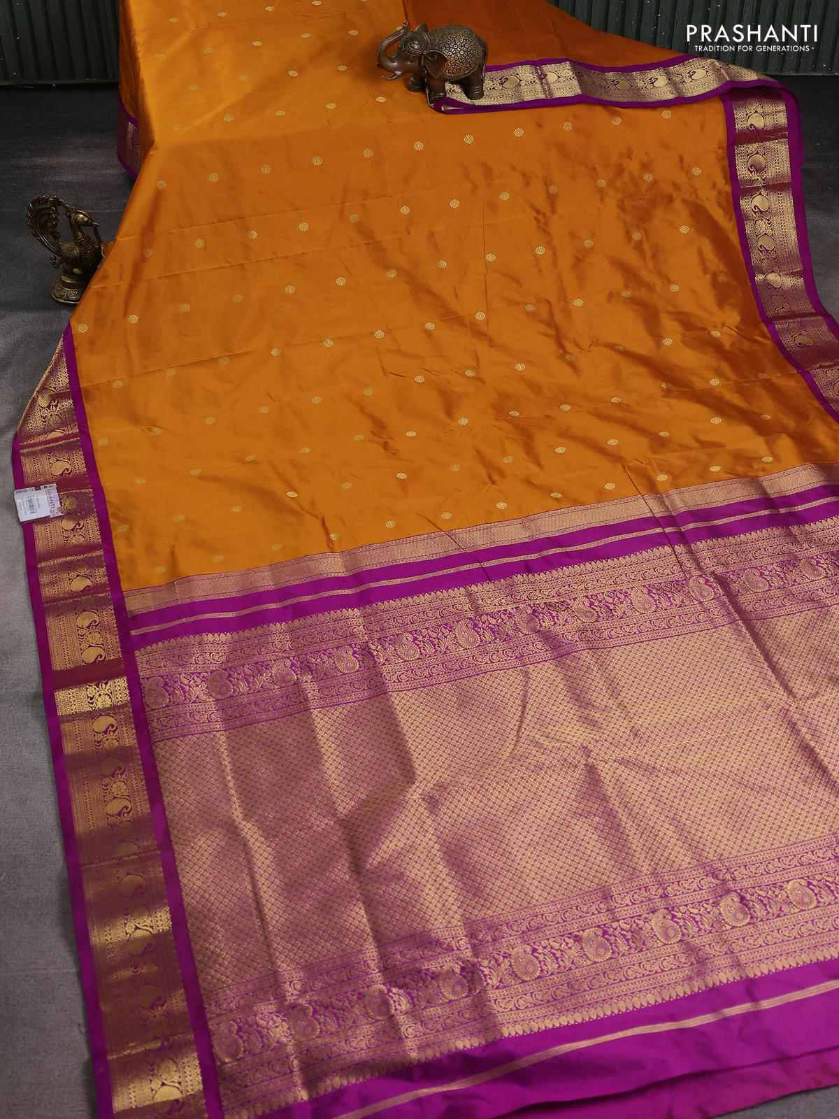 Narayanpet silk saree dark mustard and purple with zari woven buttas and paisley zari woven korvai border - Image 2