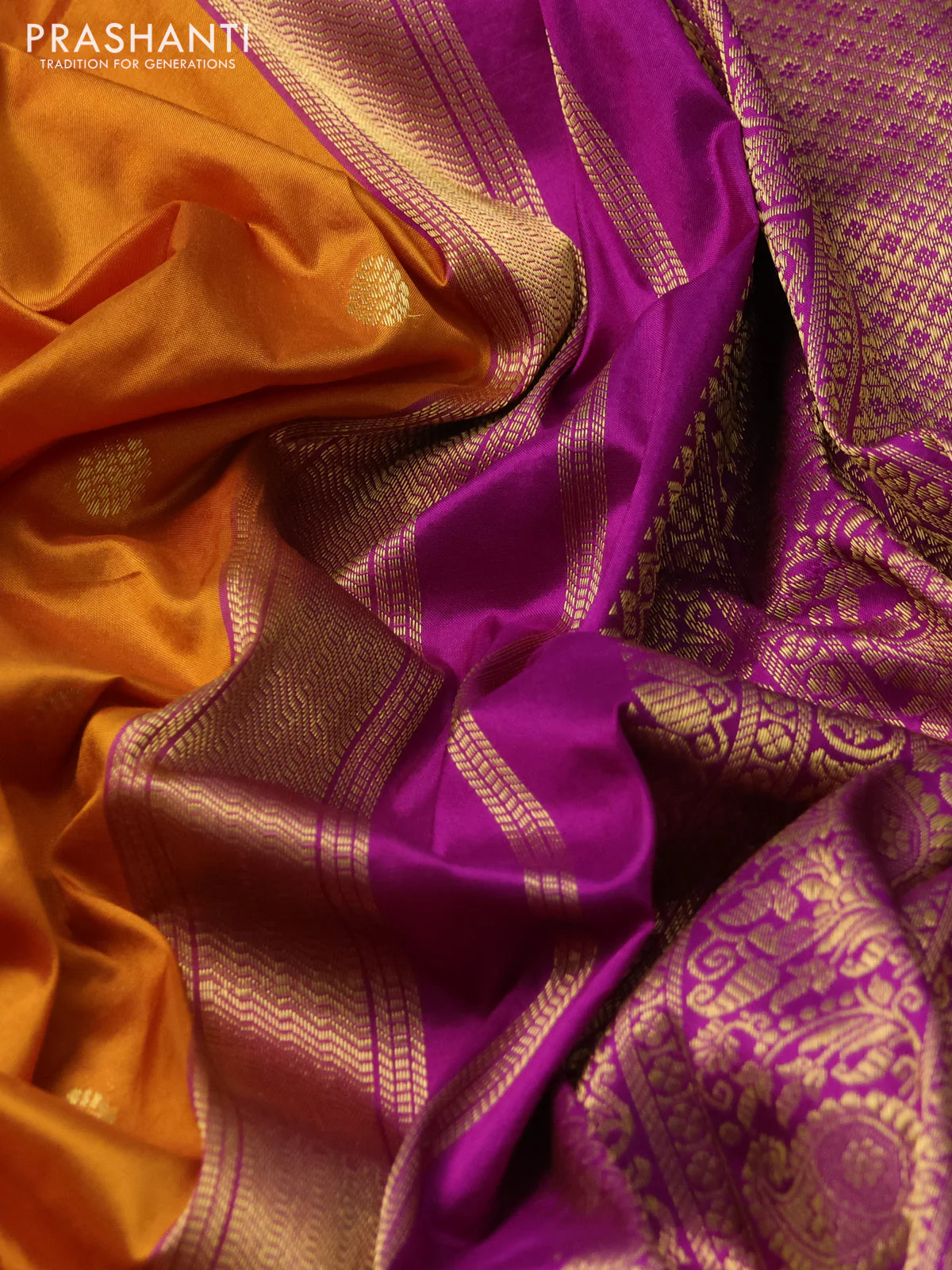 Narayanpet silk saree dark mustard and purple with zari woven buttas and paisley zari woven korvai border - Image 3