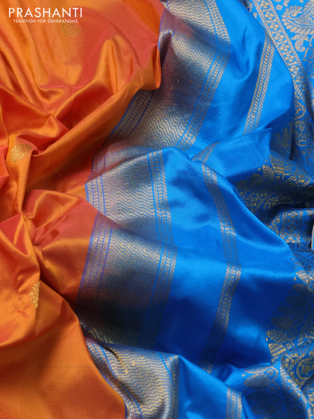 Narayanpet silk saree dual shade of orange and cs blue with zari woven buttas and paisley zari woven border - Image 3