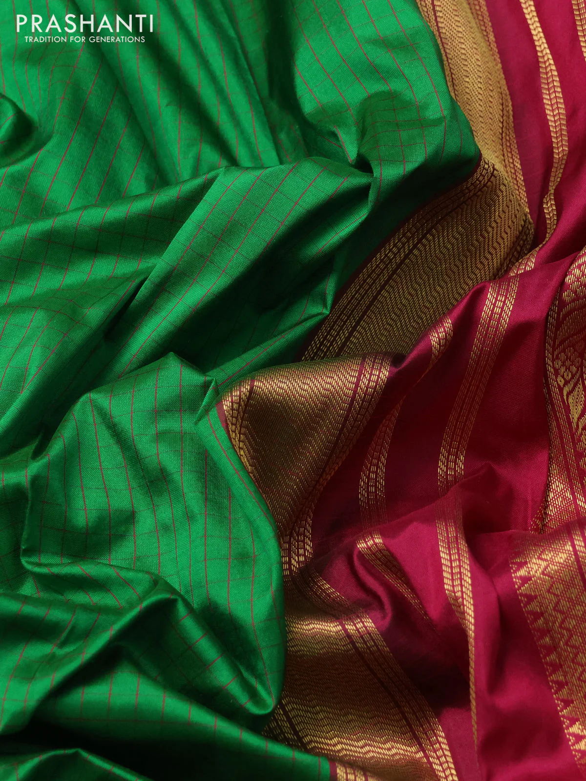 Narayanpet silk saree green and maroon with allover small checked pattern and rettapet annam zari woven korvai border - Image 3