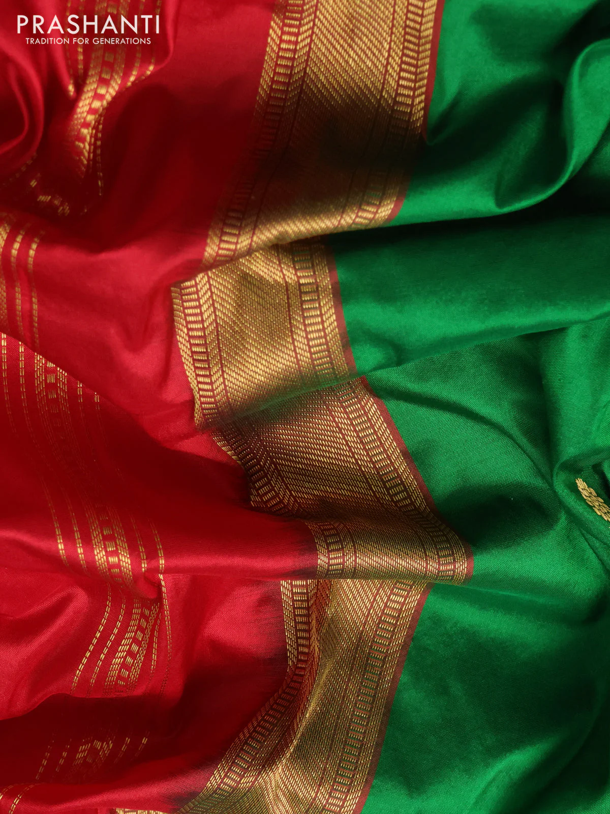 Narayanpet silk saree green and red with zari woven buttas and rettapet zari woven korvai border - Image 3