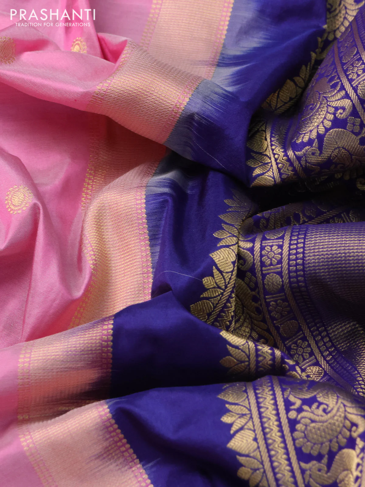 Narayanpet silk saree light pink and navy blue with allover zari woven buttas and temple design long zari woven border - Image 3