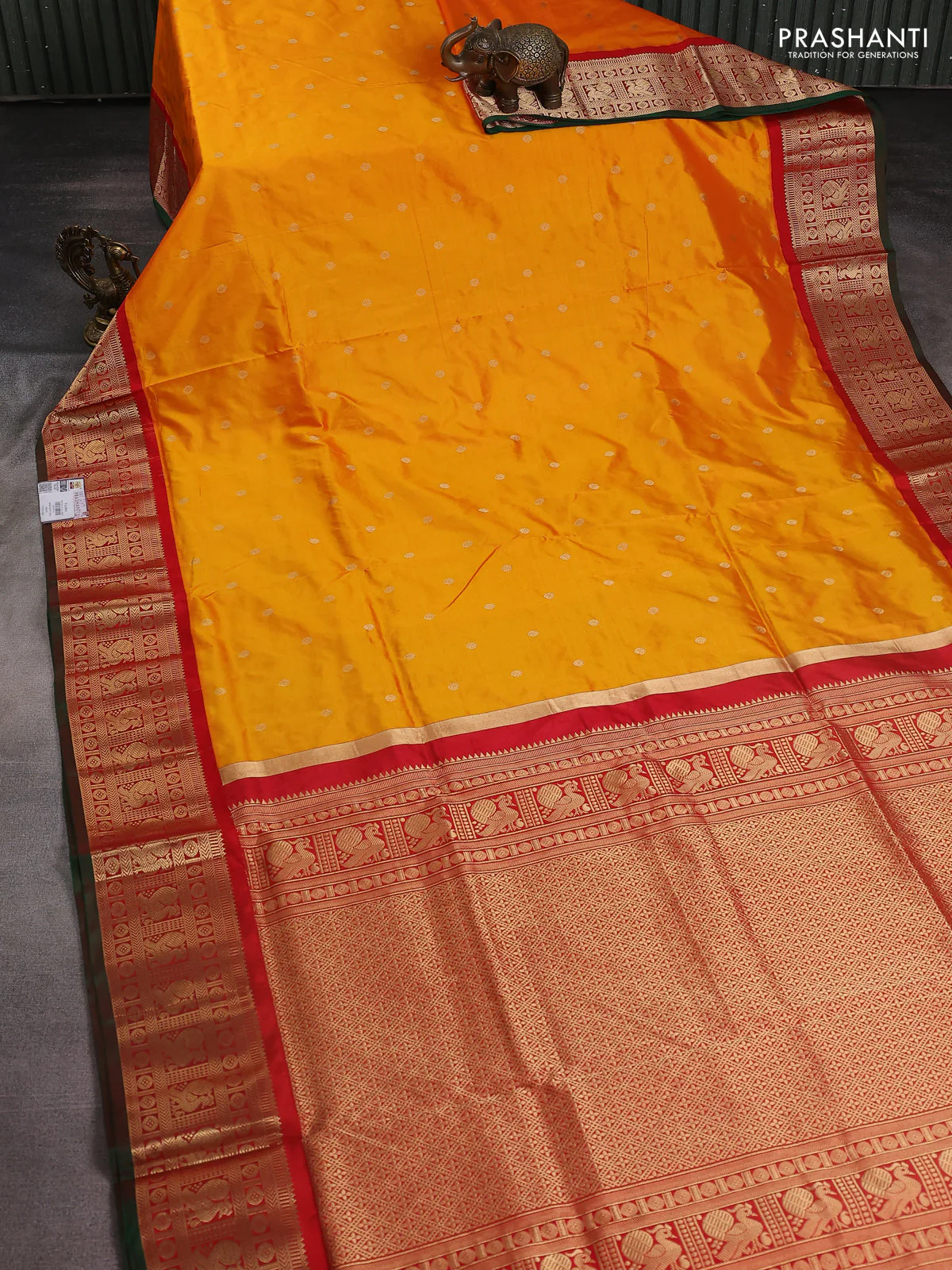 Narayanpet silk saree mango yellow and red with allover zari woven buttas and annam zari woven butta korvai border - Image 2