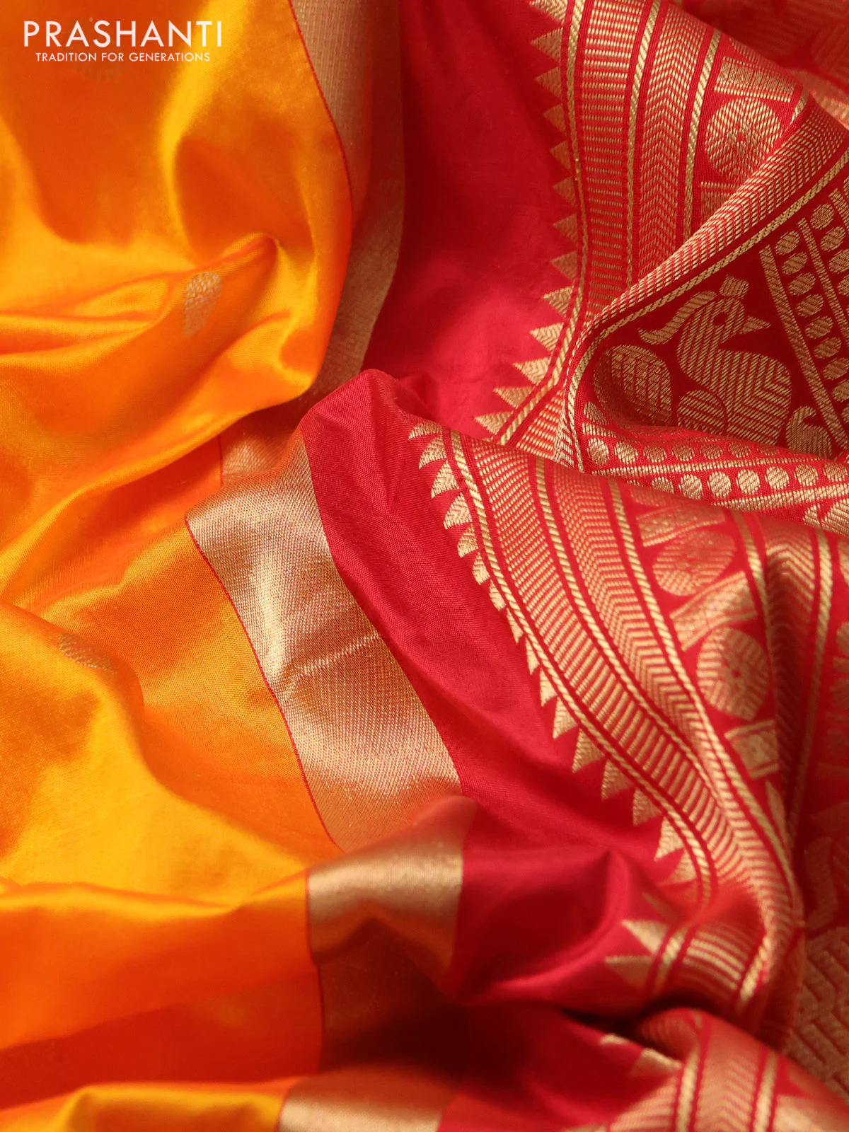 Narayanpet silk saree mango yellow and red with allover zari woven buttas and annam zari woven butta korvai border - Image 3