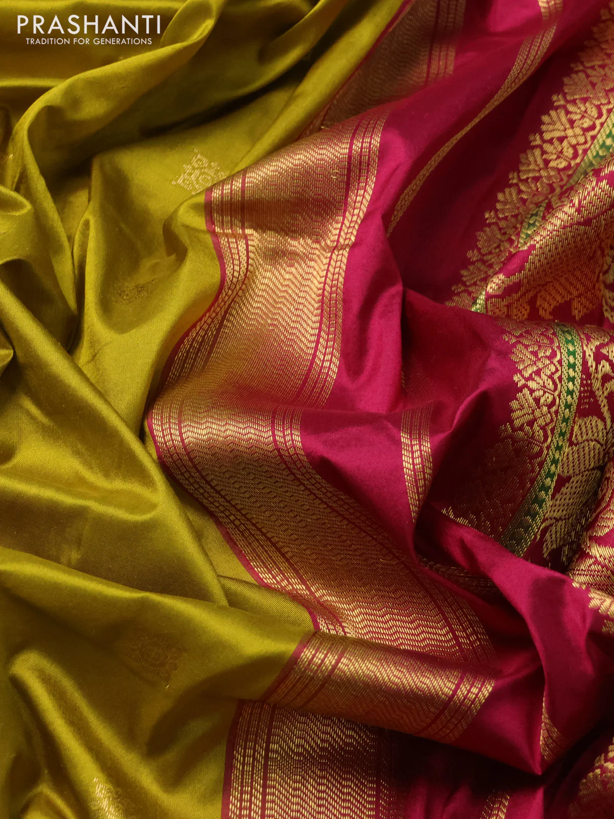 Narayanpet silk saree mehendi green and maroon with zari woven buttas and temple design zari woven border - Image 3