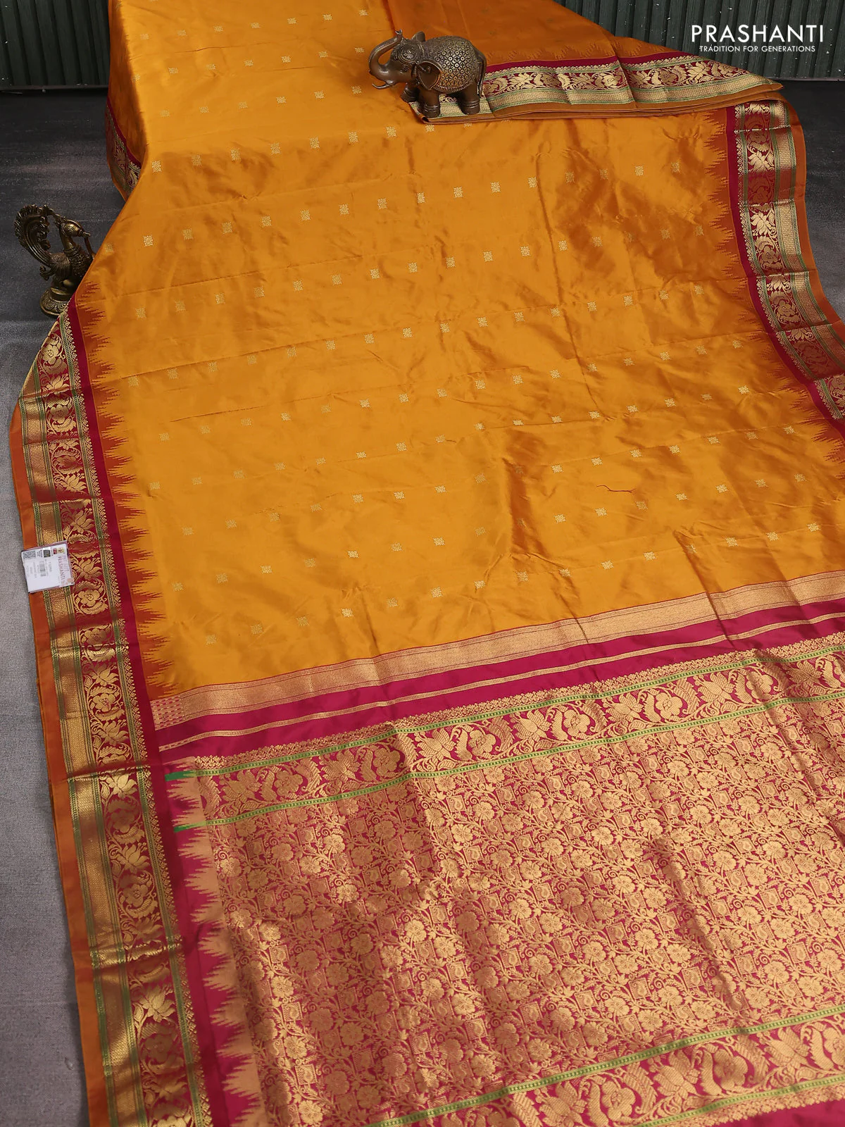 Narayanpet silk saree mustard yellow and maroon with zari woven buttas and temple design zari woven border - Image 2