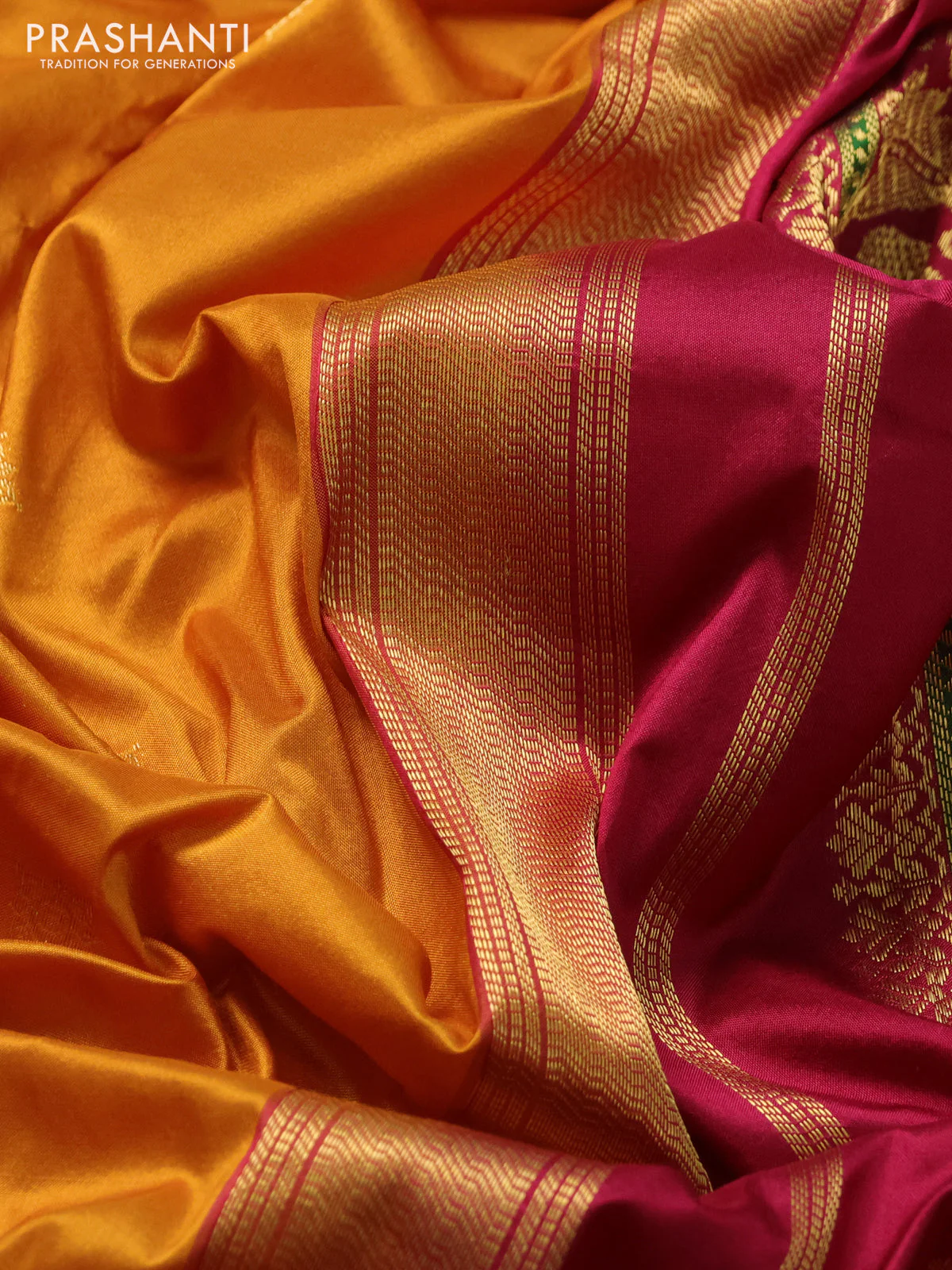 Narayanpet silk saree mustard yellow and maroon with zari woven buttas and temple design zari woven border - Image 3