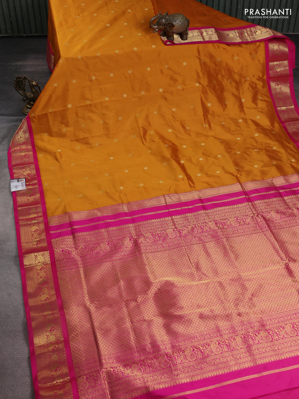 Narayanpet silk saree mustard yellow and pink with zari woven buttas and paisley zari woven border - Image 2