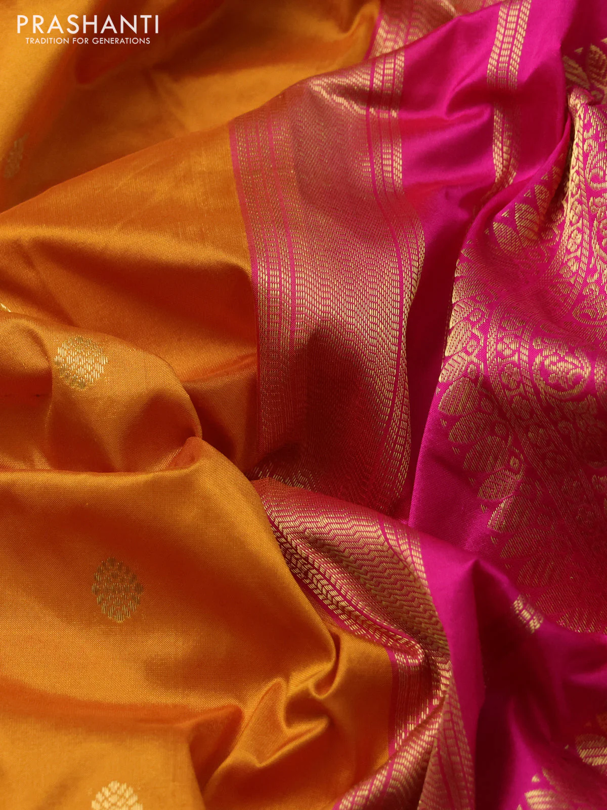 Narayanpet silk saree mustard yellow and pink with zari woven buttas and paisley zari woven border - Image 3