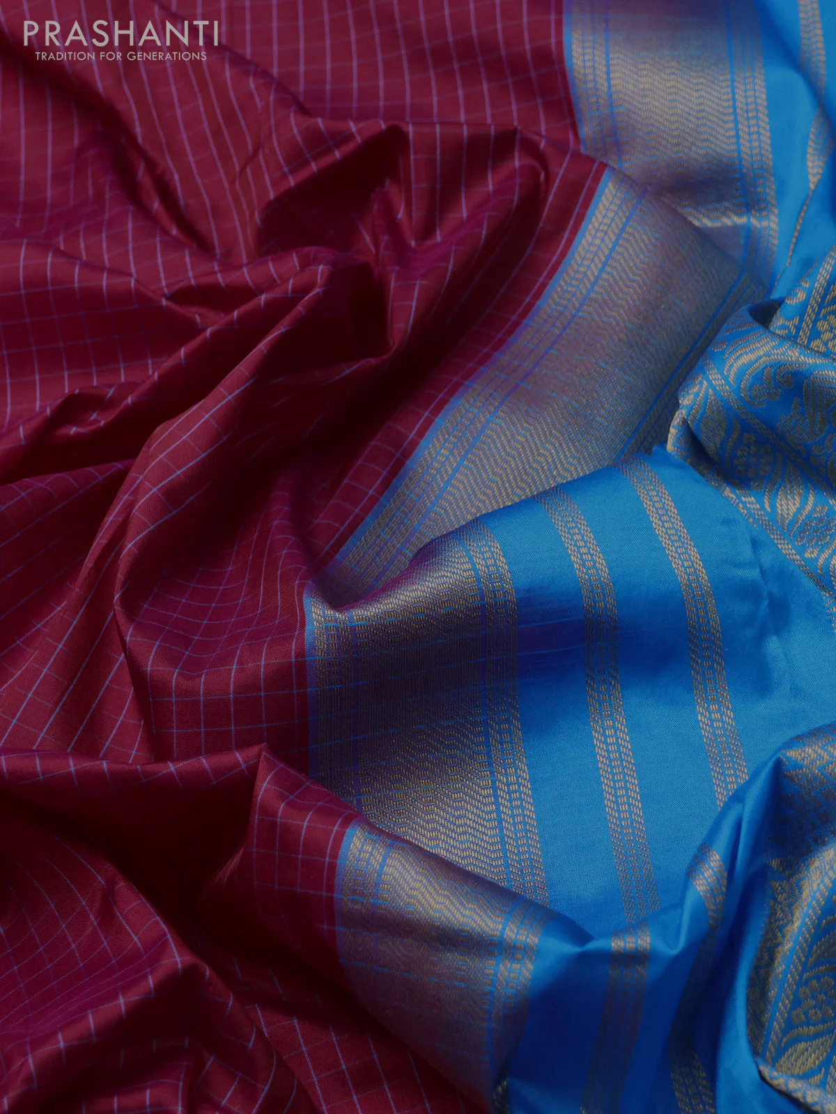 Narayanpet silk saree pink and cs blue with allover small checked pattern and rettapet annam zari woven korvai border - Image 3