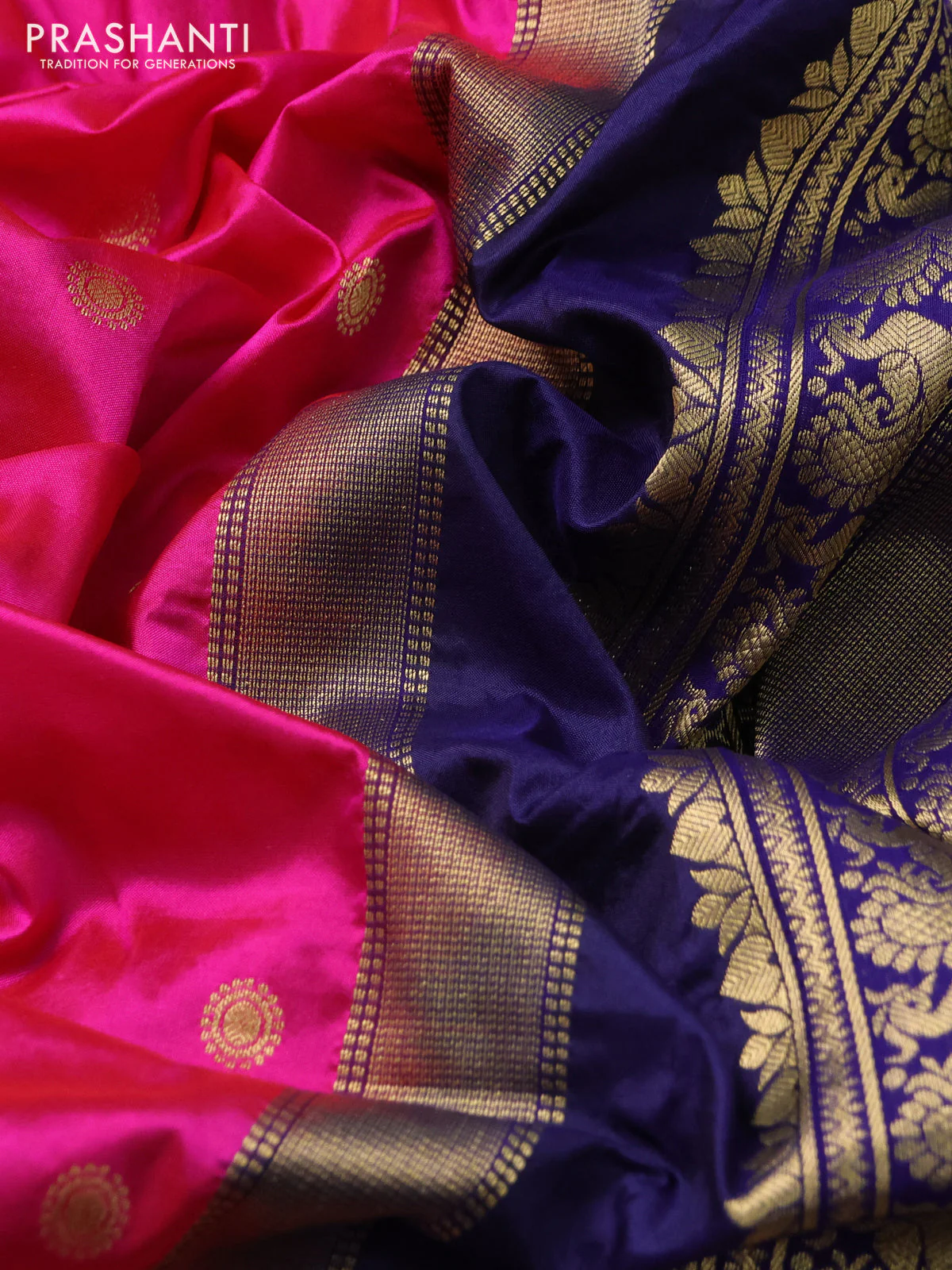 Narayanpet silk saree pink and navy blue with allover zari woven buttas and temple design long zari woven border - Image 3