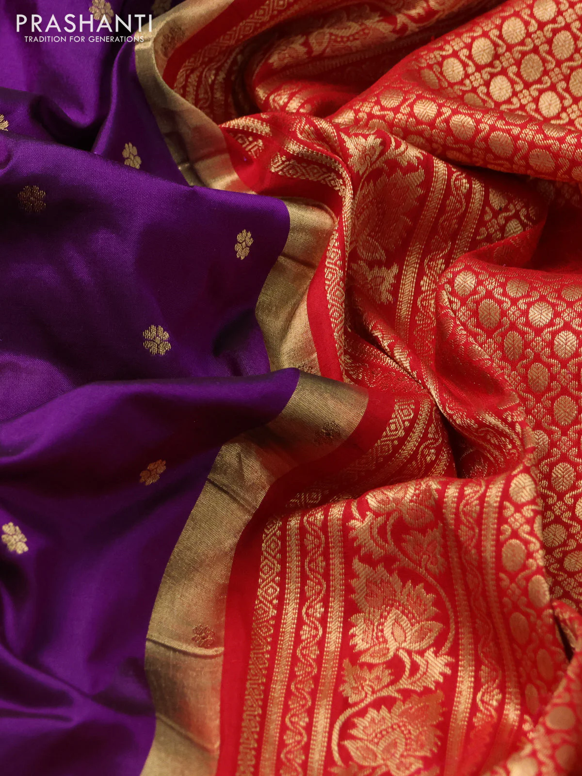 Narayanpet silk saree purple and red with allover zari woven buttas and rettapet zari woven butta border - Image 3