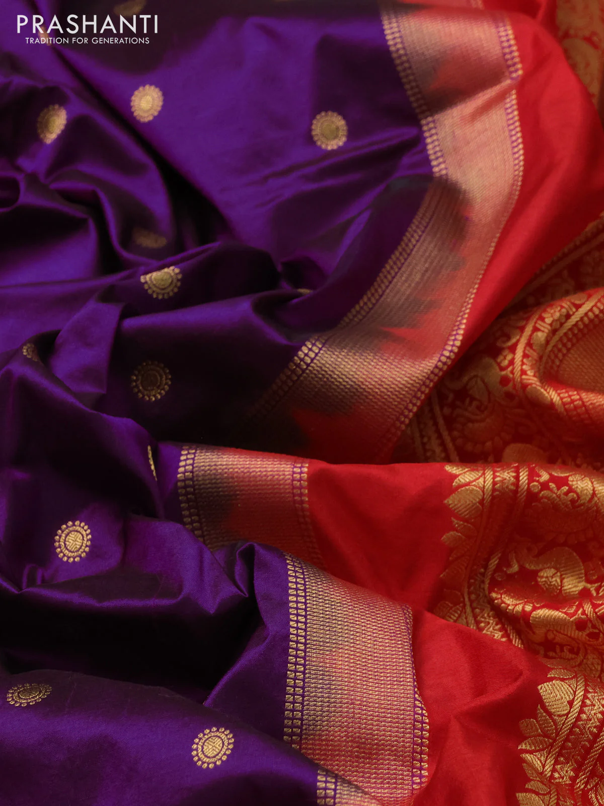 Narayanpet silk saree purple and red with allover zari woven buttas and temple design long zari woven border - Image 3