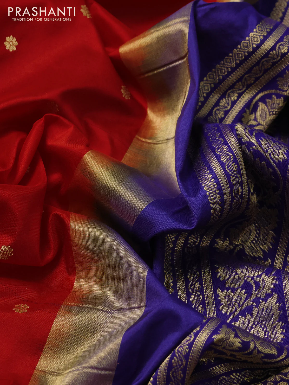 Narayanpet silk saree red and blue with allover zari woven buttas and rettapet zari woven butta border - Image 3