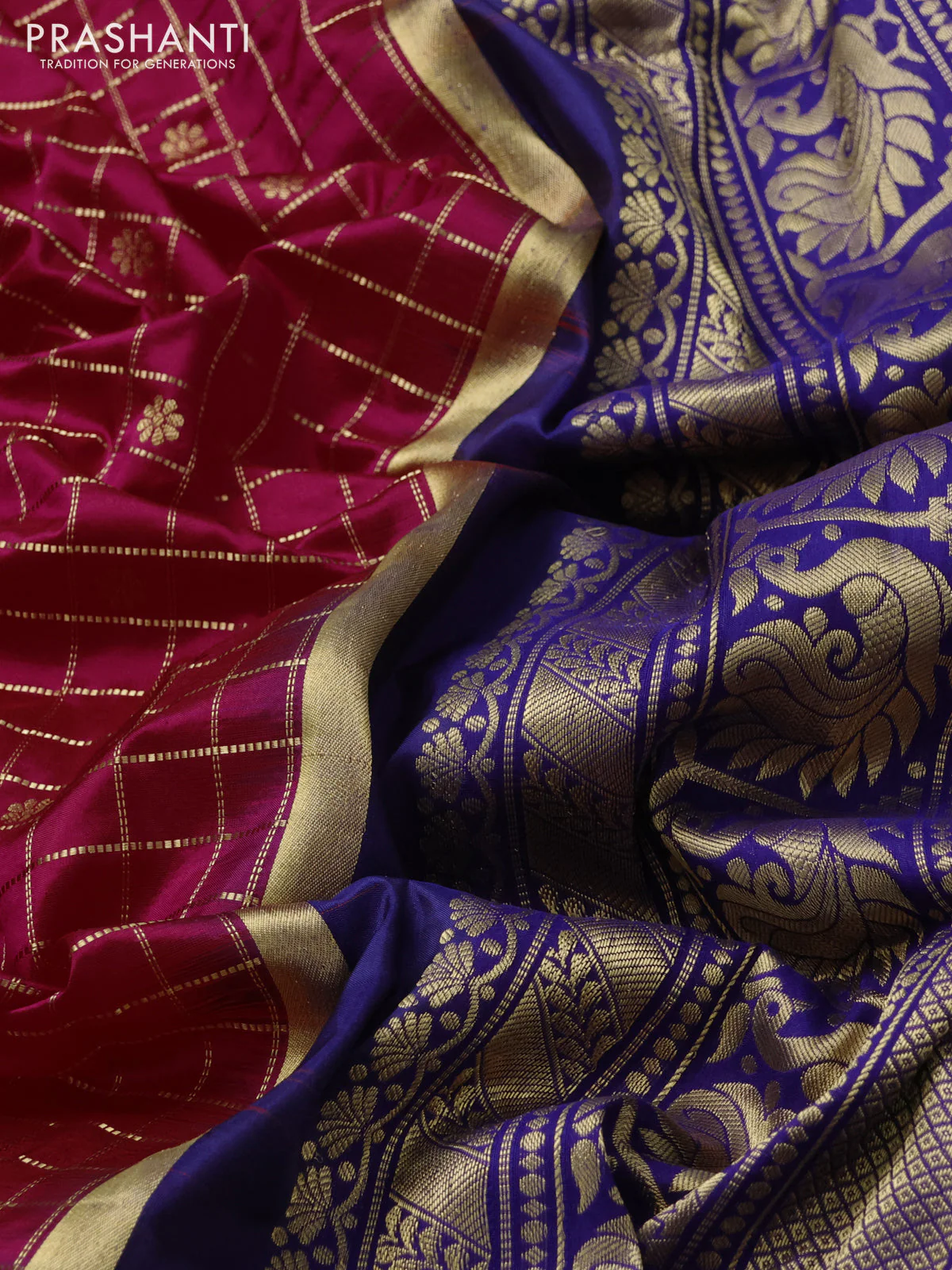 Narayanpet silk saree redish pink and blue with allover checked pattern & buttas and rettapet zari woven border - Image 3