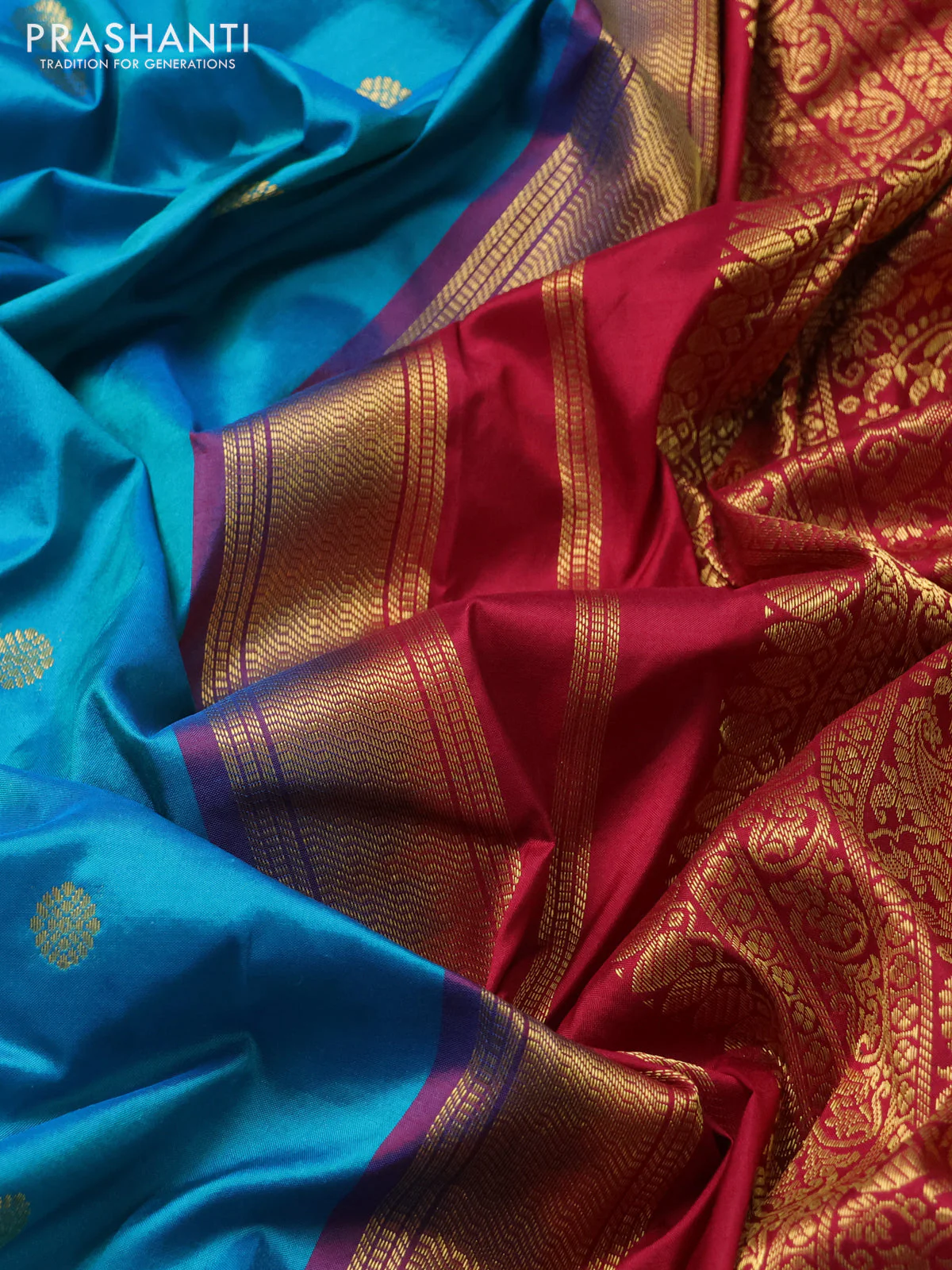 Narayanpet silk saree teal blue and maroon with zari woven buttas and paisley zari woven border - Image 3