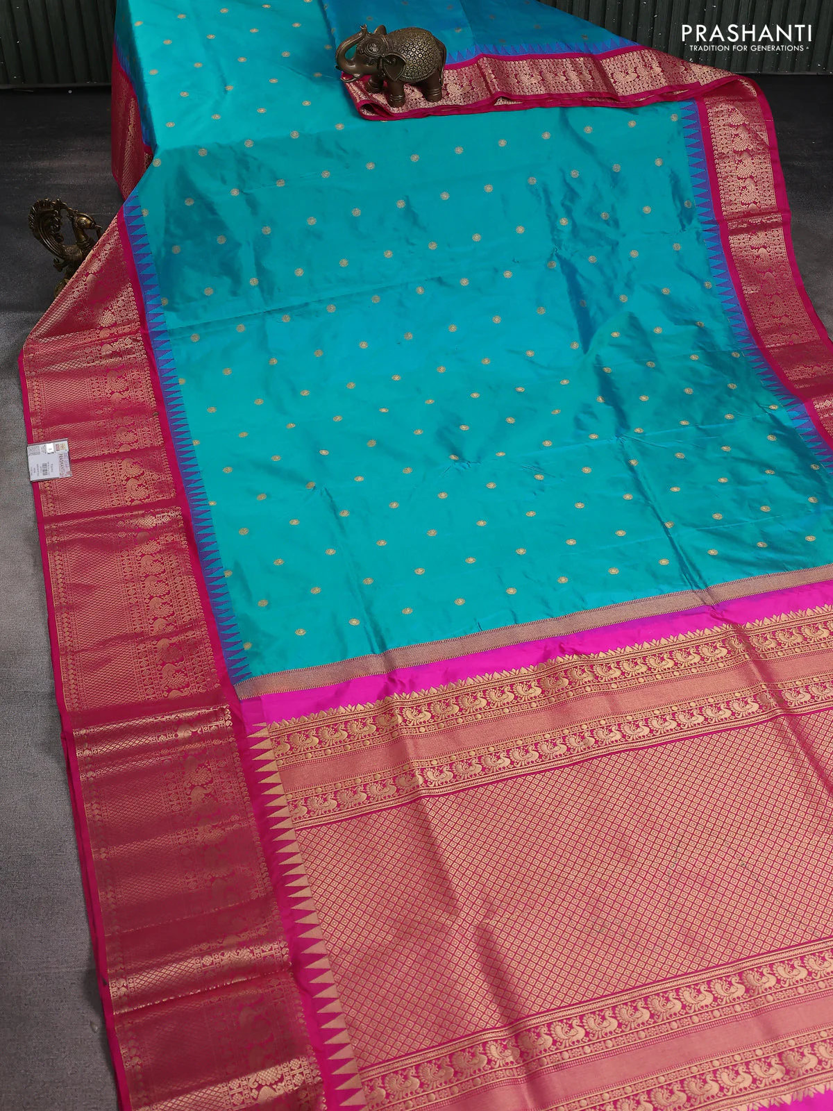 Narayanpet silk saree teal blue and pink with allover zari woven buttas and temple design long zari woven border - Image 2