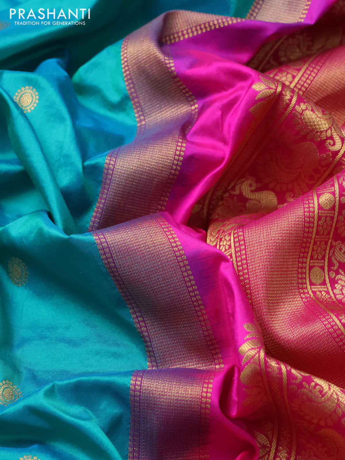 Narayanpet silk saree teal blue and pink with allover zari woven buttas and temple design long zari woven border - Image 3