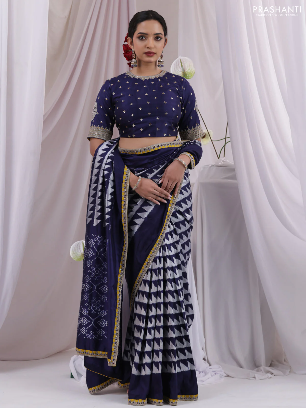 Navy Blue-Mustard Yellow Pochampally Silk saree With Border Embroidery-Readymade blouse - Image 2