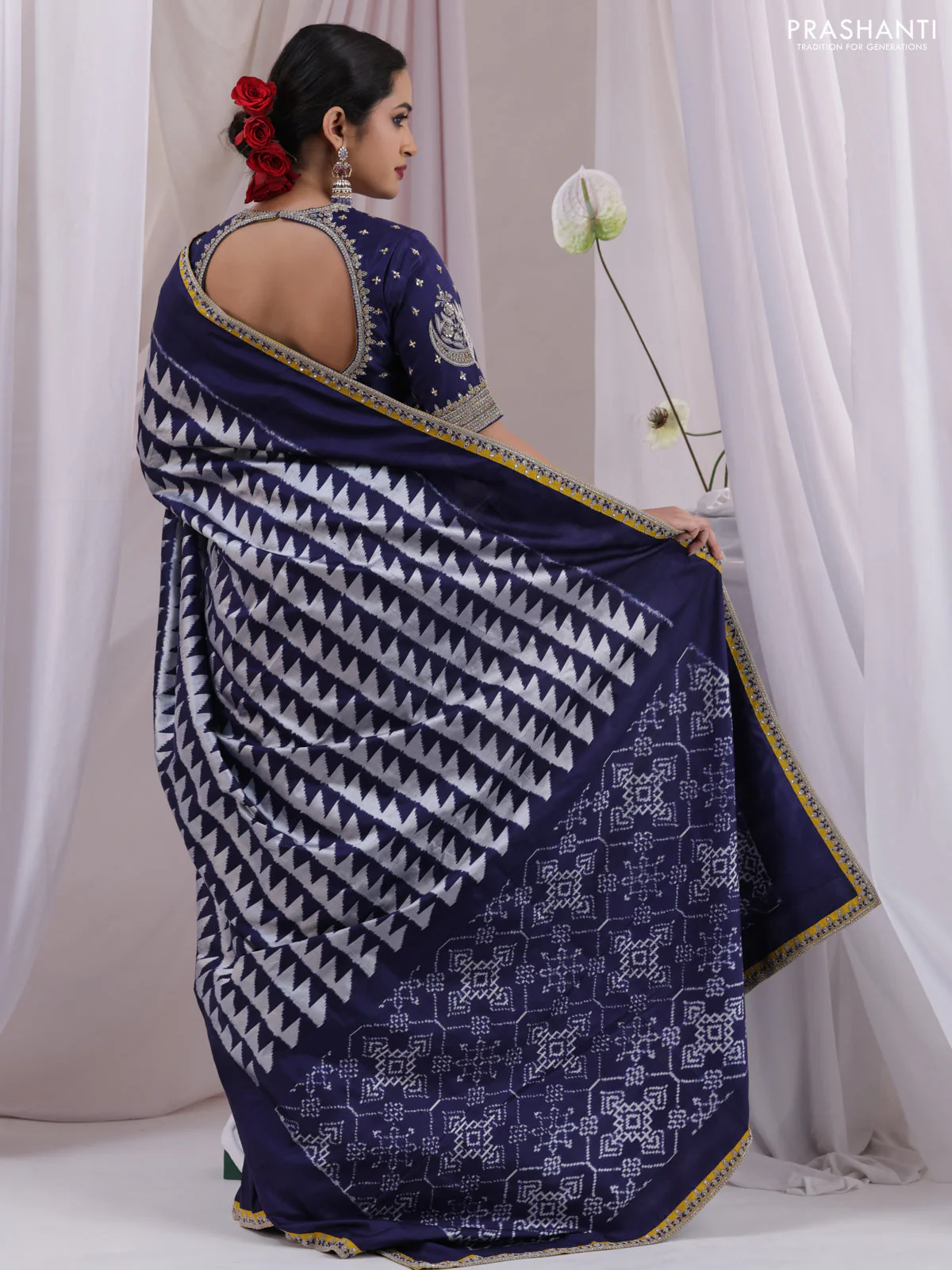 Navy Blue-Mustard Yellow Pochampally Silk saree With Border Embroidery-Readymade blouse - Image 4