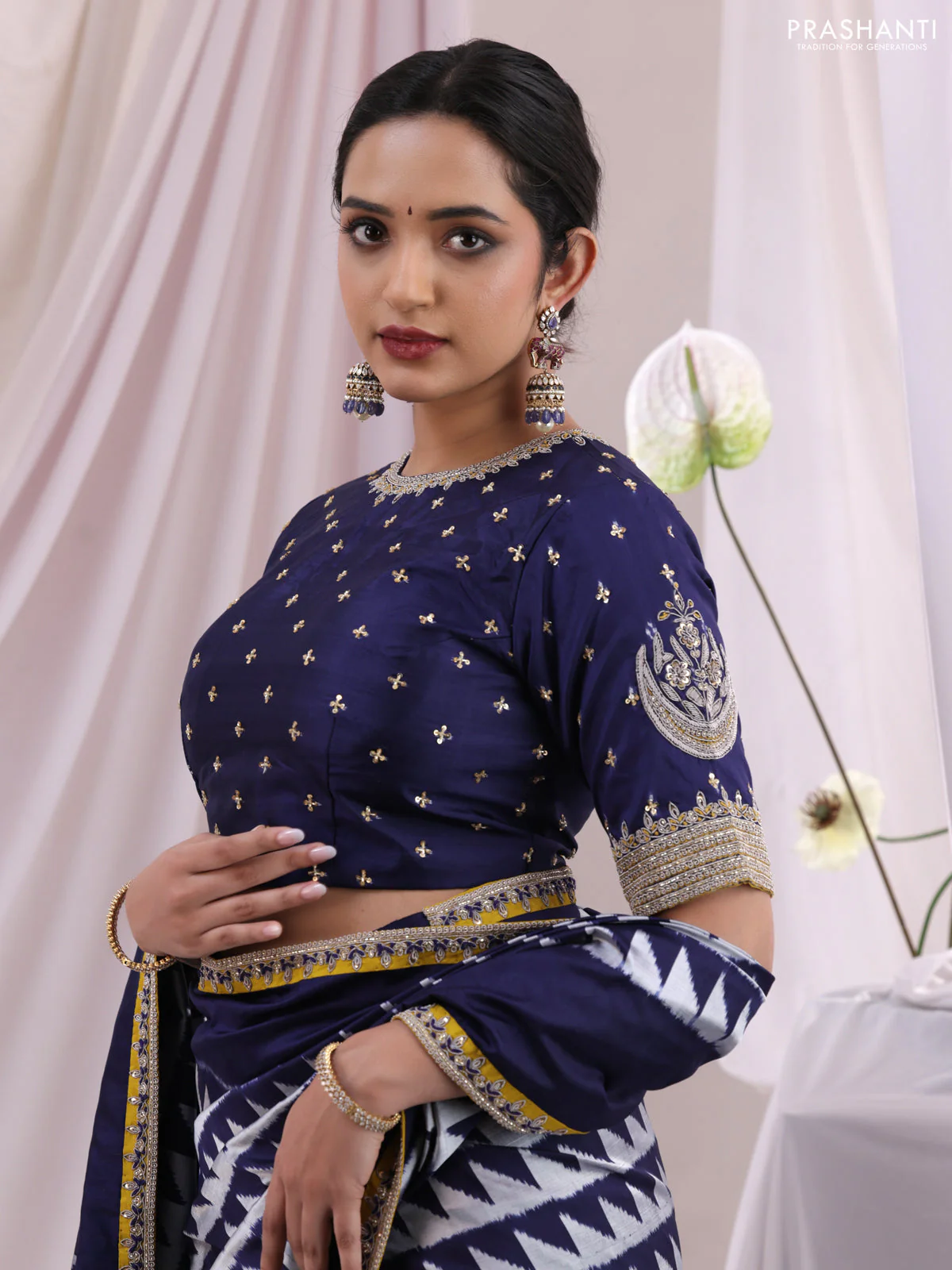 Navy Blue-Mustard Yellow Pochampally Silk saree With Border Embroidery-Readymade blouse - Image 5
