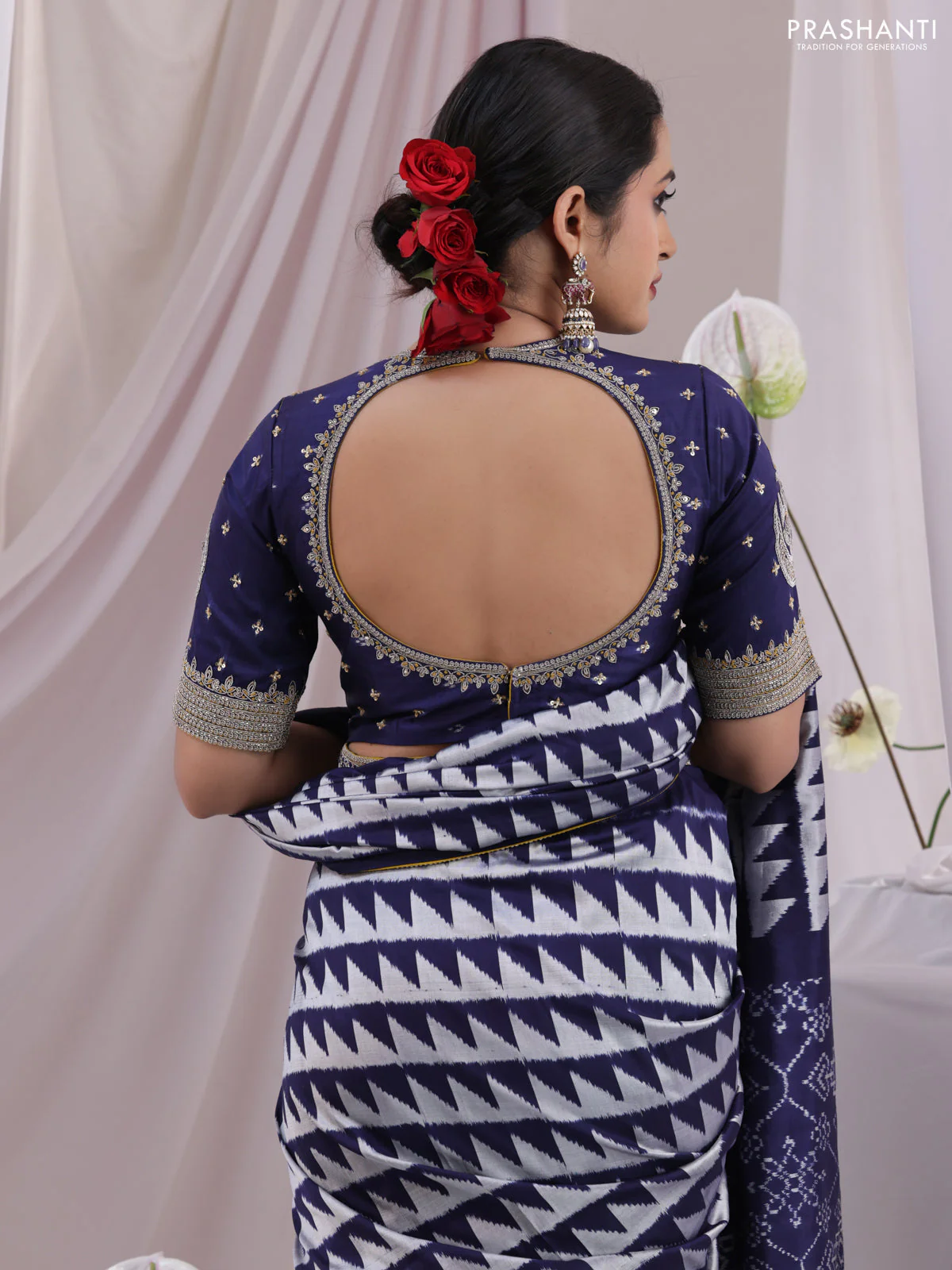 Navy Blue-Mustard Yellow Pochampally Silk saree With Border Embroidery-Readymade blouse - Image 6