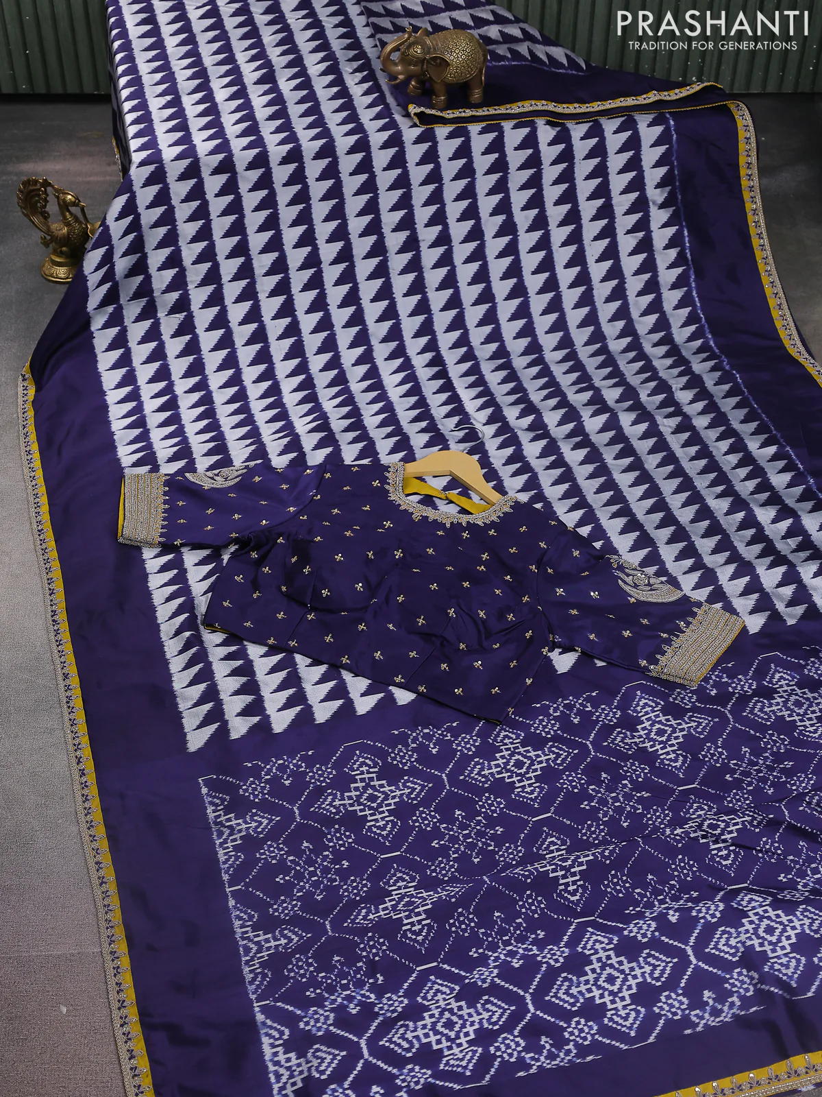 Navy Blue-Mustard Yellow Pochampally Silk saree With Border Embroidery-Readymade blouse - Image 7