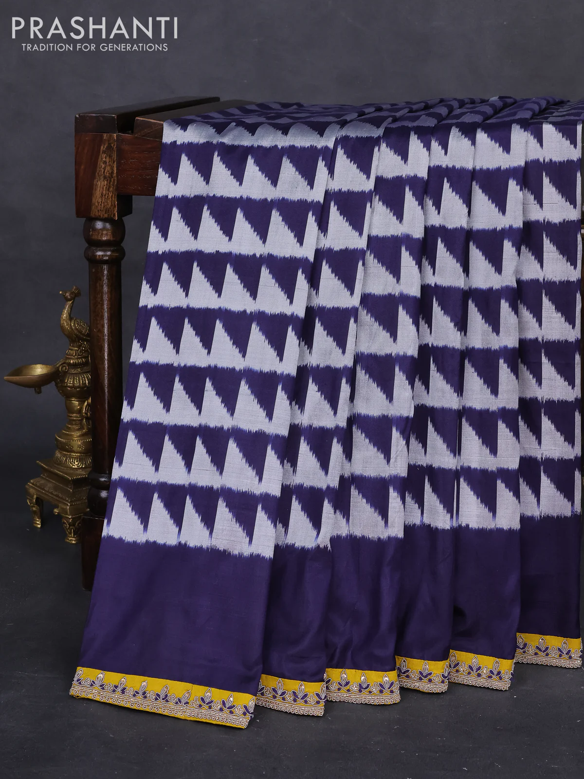Navy Blue-Mustard Yellow Pochampally Silk saree With Border Embroidery-Readymade blouse - Image 8