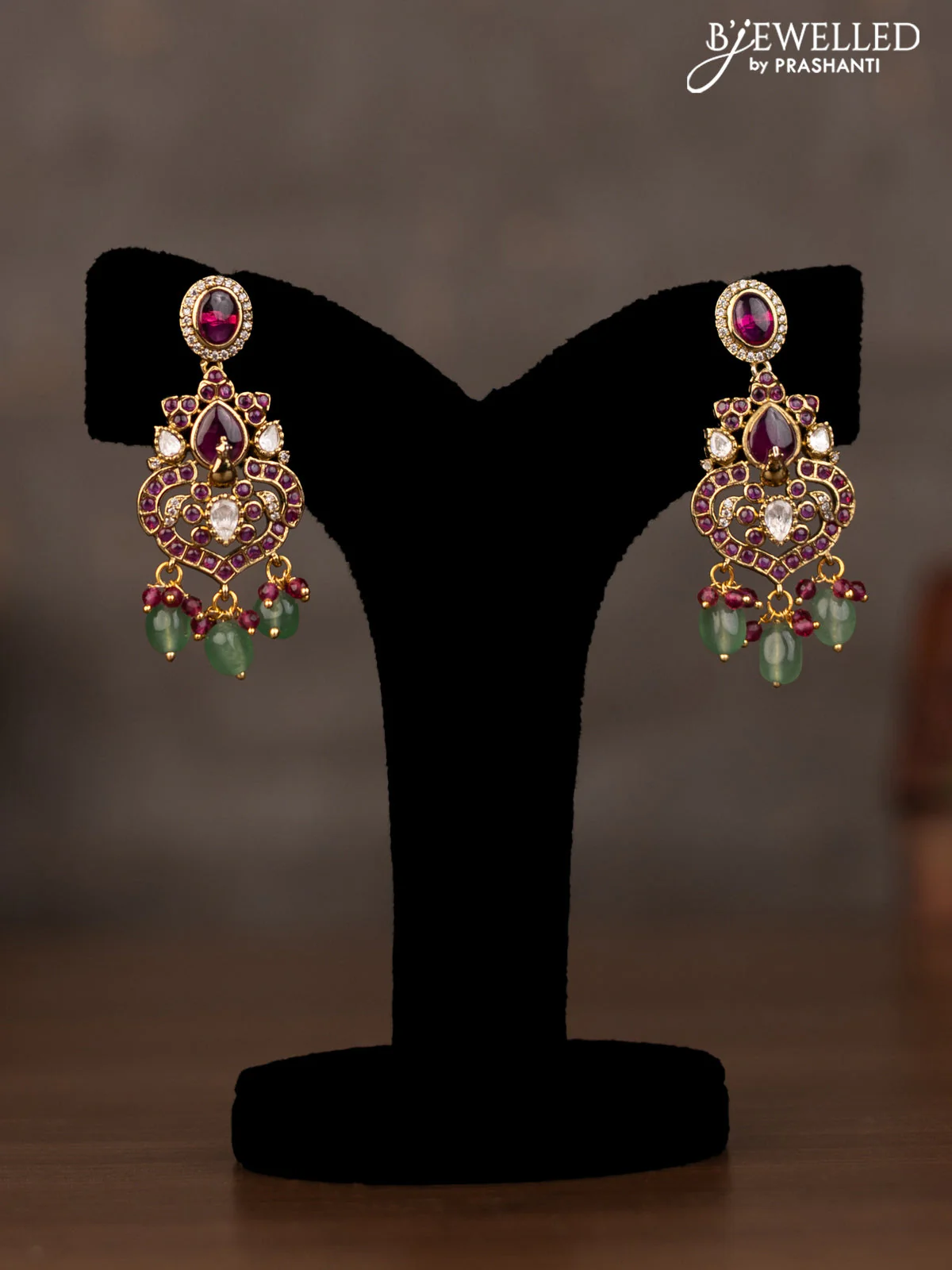 Necklace peacock design with pink kundan stones and natural beads hanging in victorian finish - Image 2