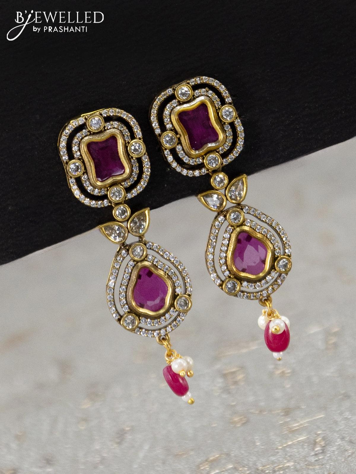 Necklace with pink kemp & cz stones and beads hanging in victorian finish - Image 2