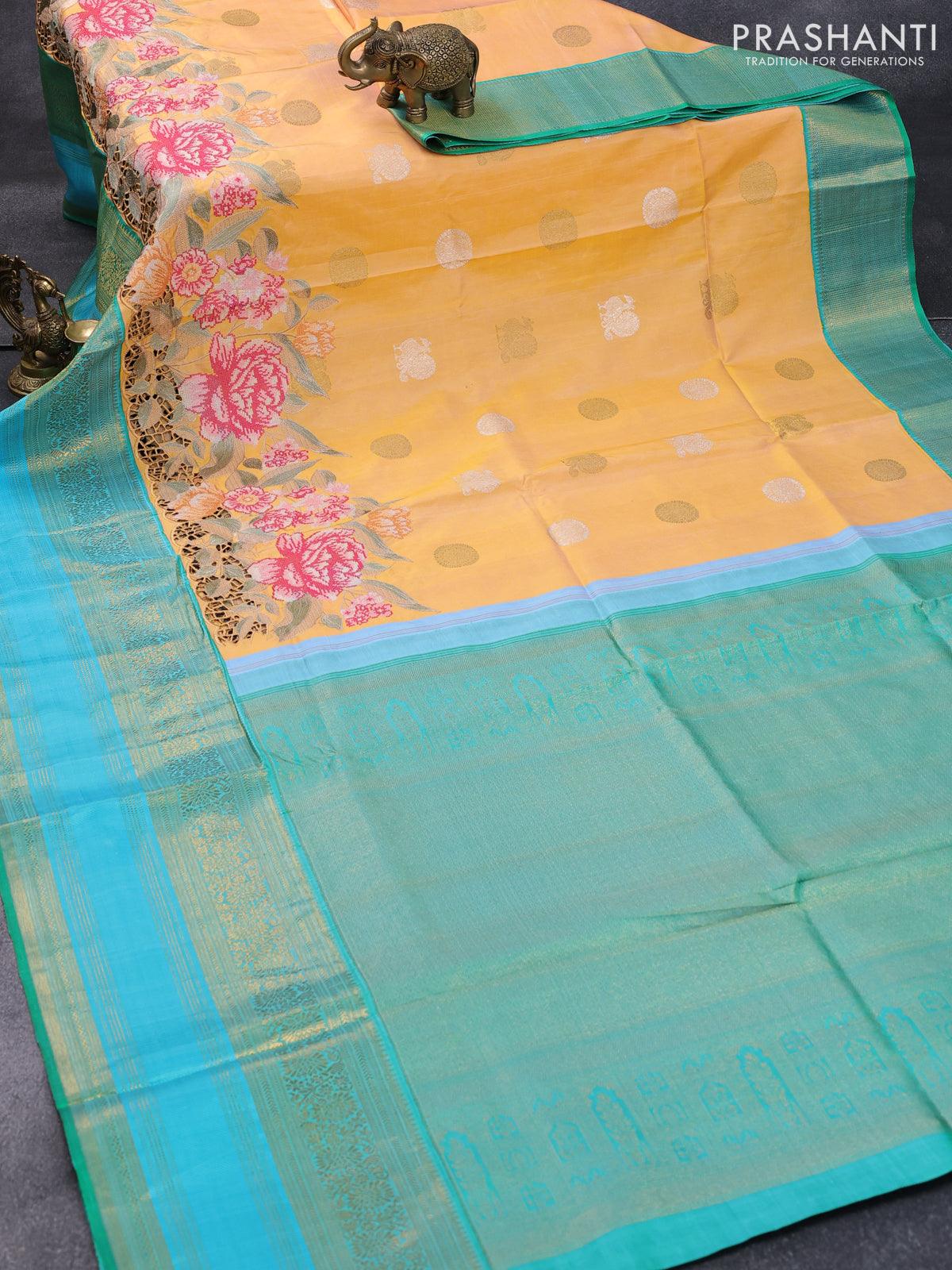 Niraa-10 Pure kanjivaram silk saree dual shade of yellow and green with silver & gold annam zari woven buttas and floral design cut work & long zari woven border-PBR2645-3 - Image 2