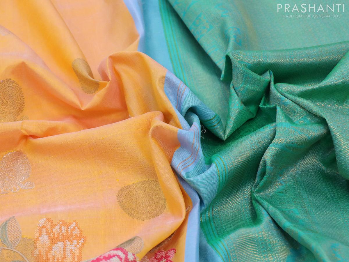 Niraa-10 Pure kanjivaram silk saree dual shade of yellow and green with silver & gold annam zari woven buttas and floral design cut work & long zari woven border-PBR2645-3 - Image 3