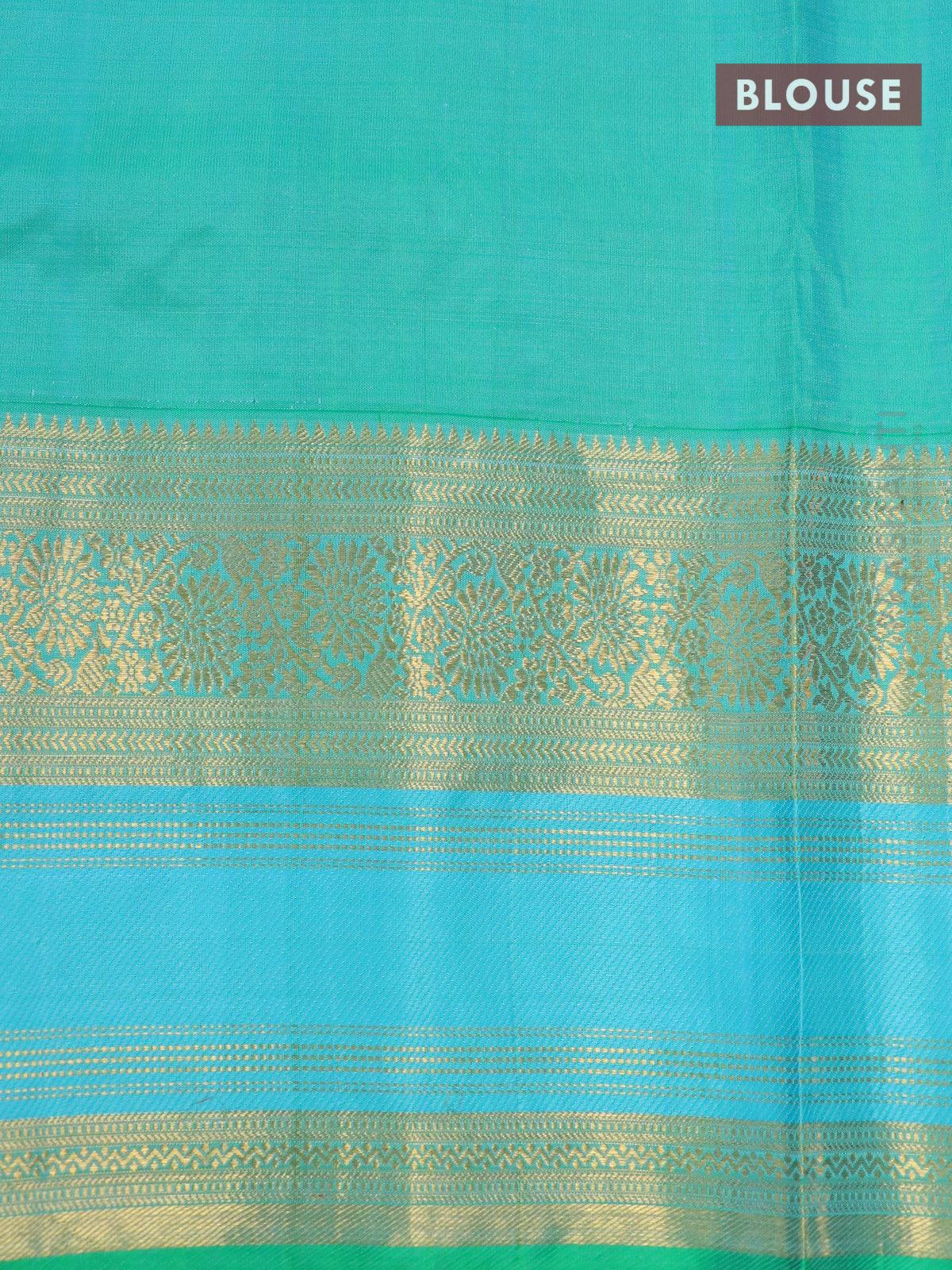 Niraa-10 Pure kanjivaram silk saree dual shade of yellow and green with silver & gold annam zari woven buttas and floral design cut work & long zari woven border-PBR2645-3 - Image 4