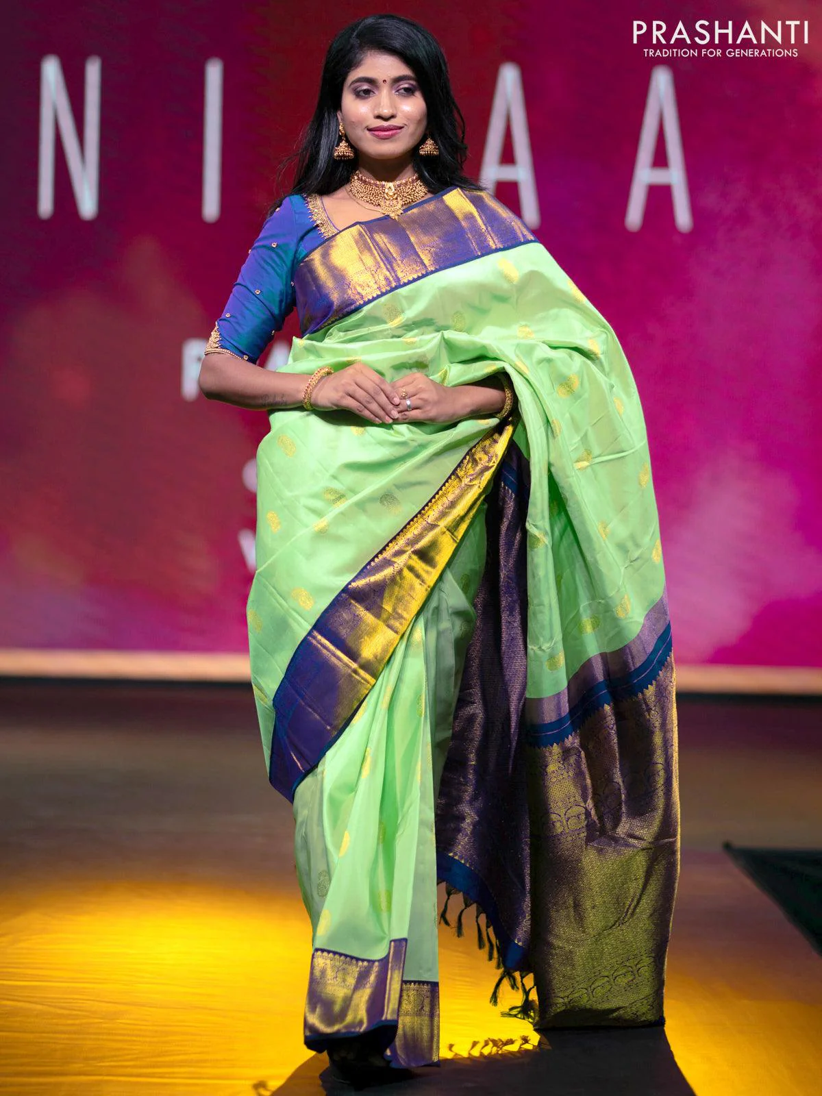 Niraa-2 Pure kanjivaram silk saree pista green and navy blue with allover zari woven paisley buttas and rich annam zari woven korvai border - Image 2