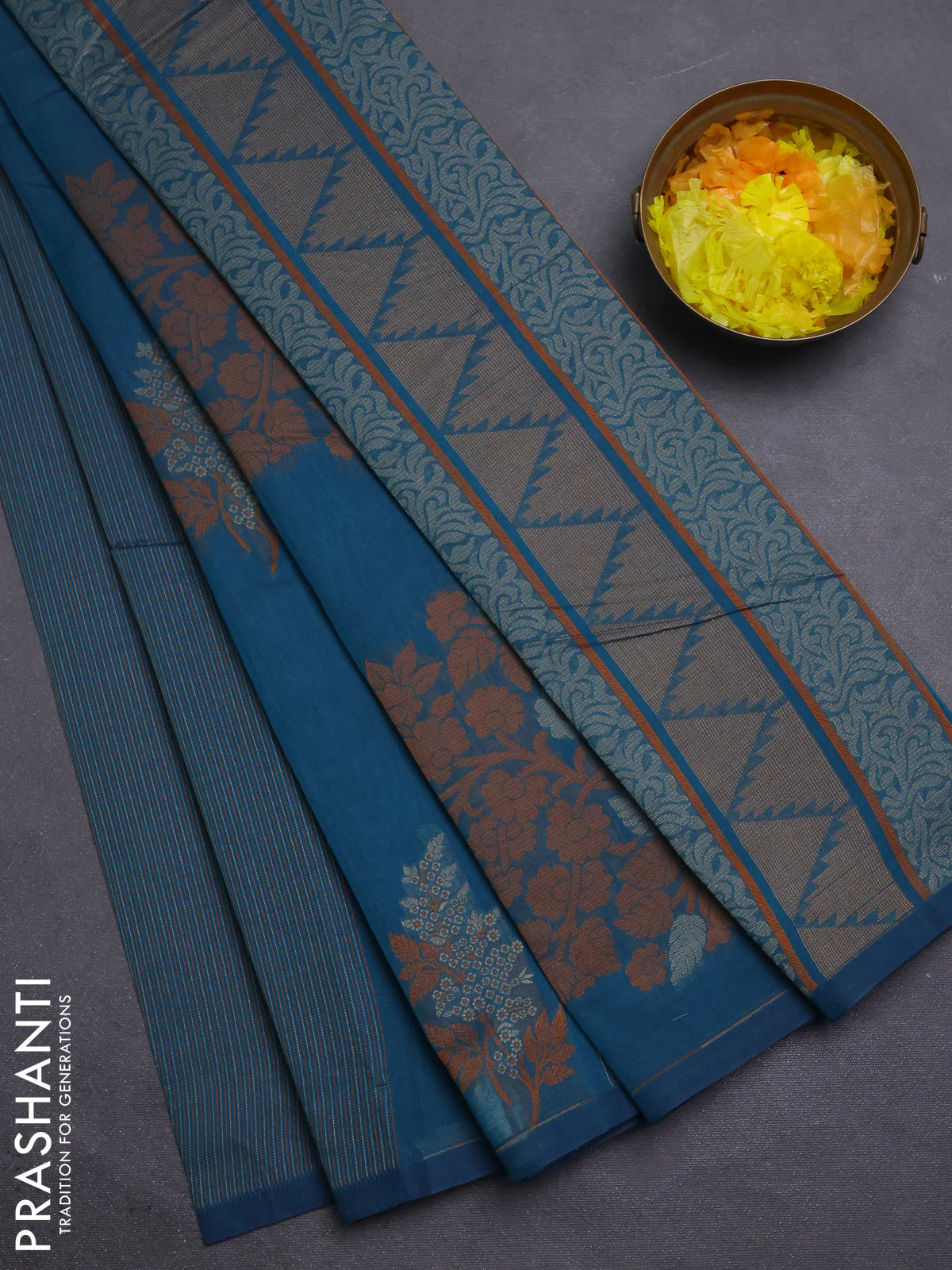 Nithyam cotton saree cs blue shade with allover thread woven stripe pattern and piping border