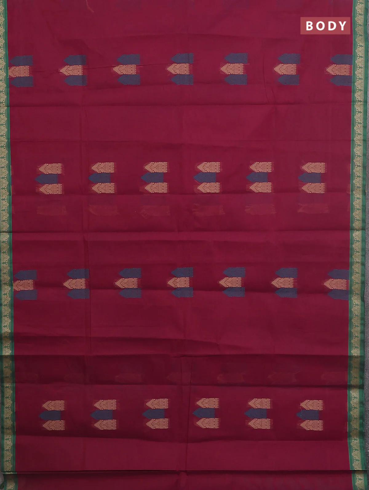 Nithyam cotton saree dark magenta pink and green with allover thread woven buttas and paisley thread woven border - Image 2