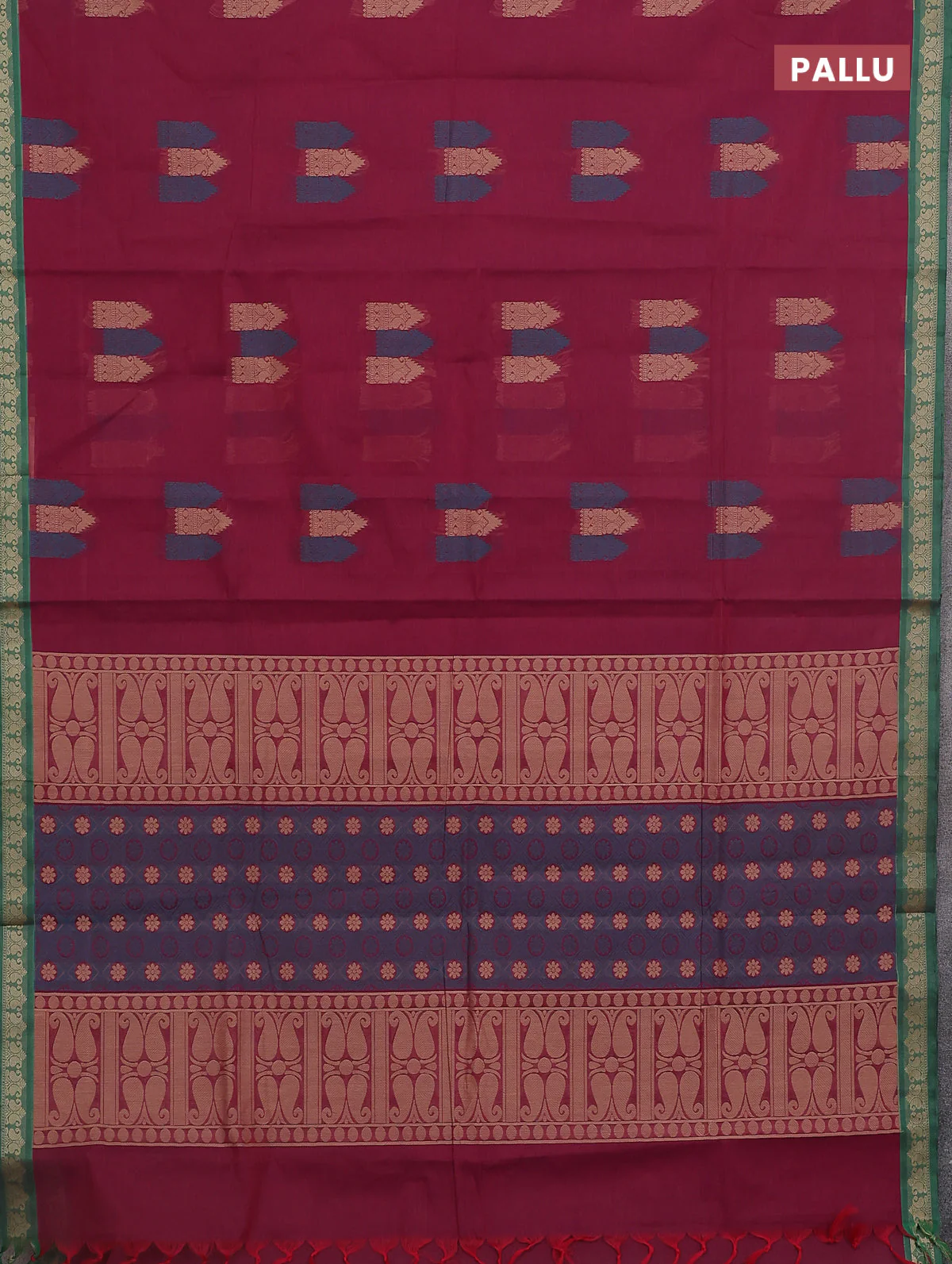 Nithyam cotton saree dark magenta pink and green with allover thread woven buttas and paisley thread woven border - Image 3