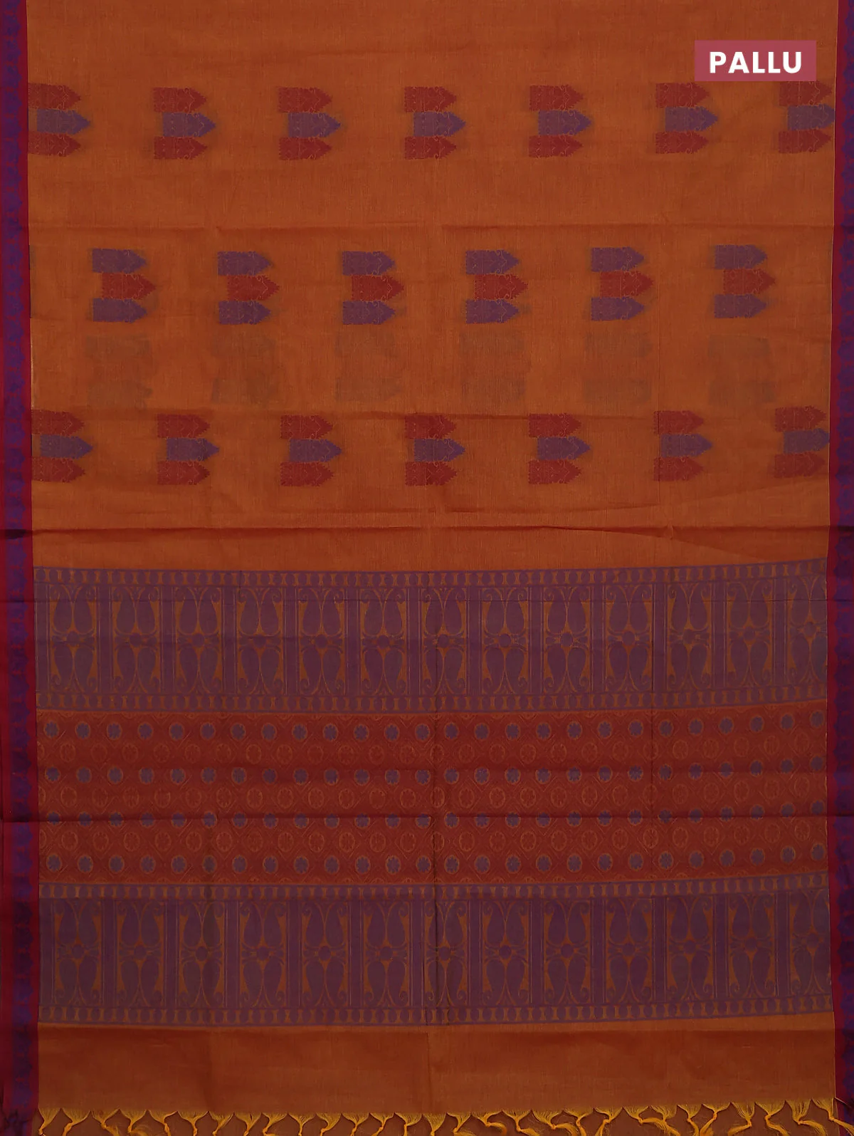 Nithyam cotton saree dark mustard and maroon with allover thread woven buttas and paisley thread woven border - Image 3