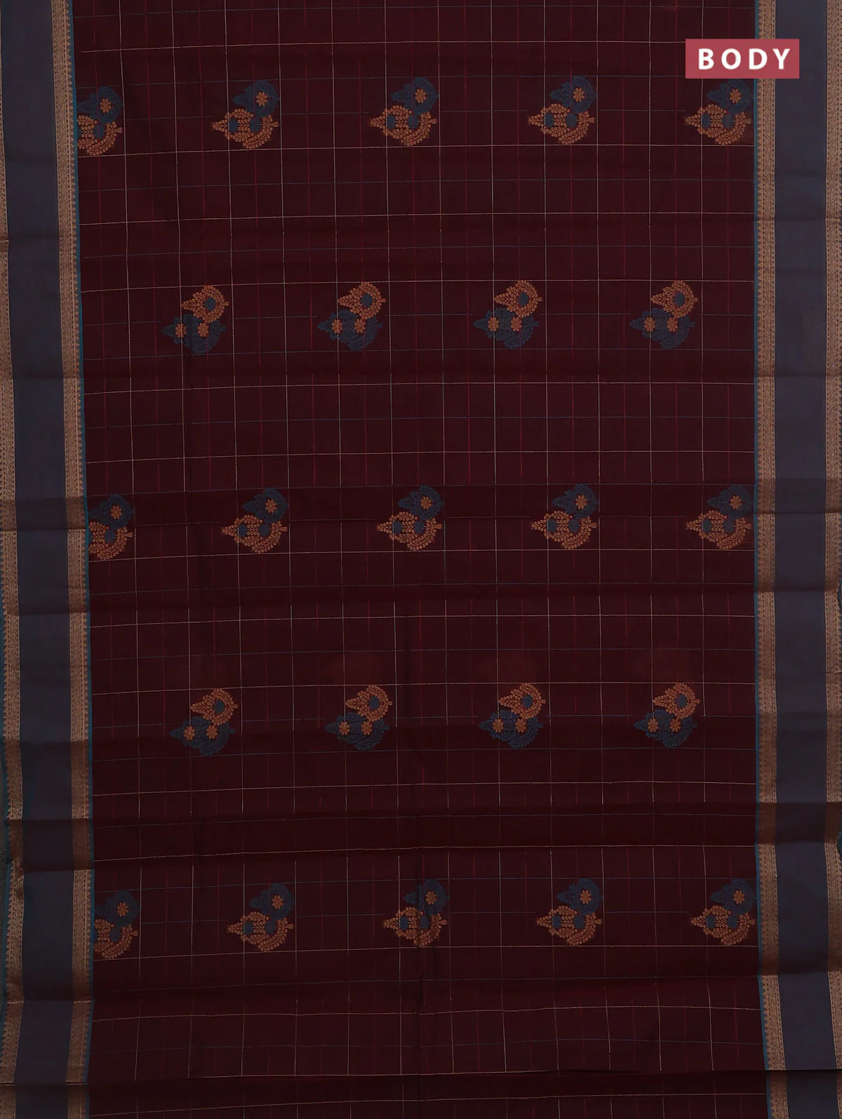 Nithyam cotton saree deep maroon and teal green with allover thread checks pattern & buttas and rettapet thread woven border - Image 2