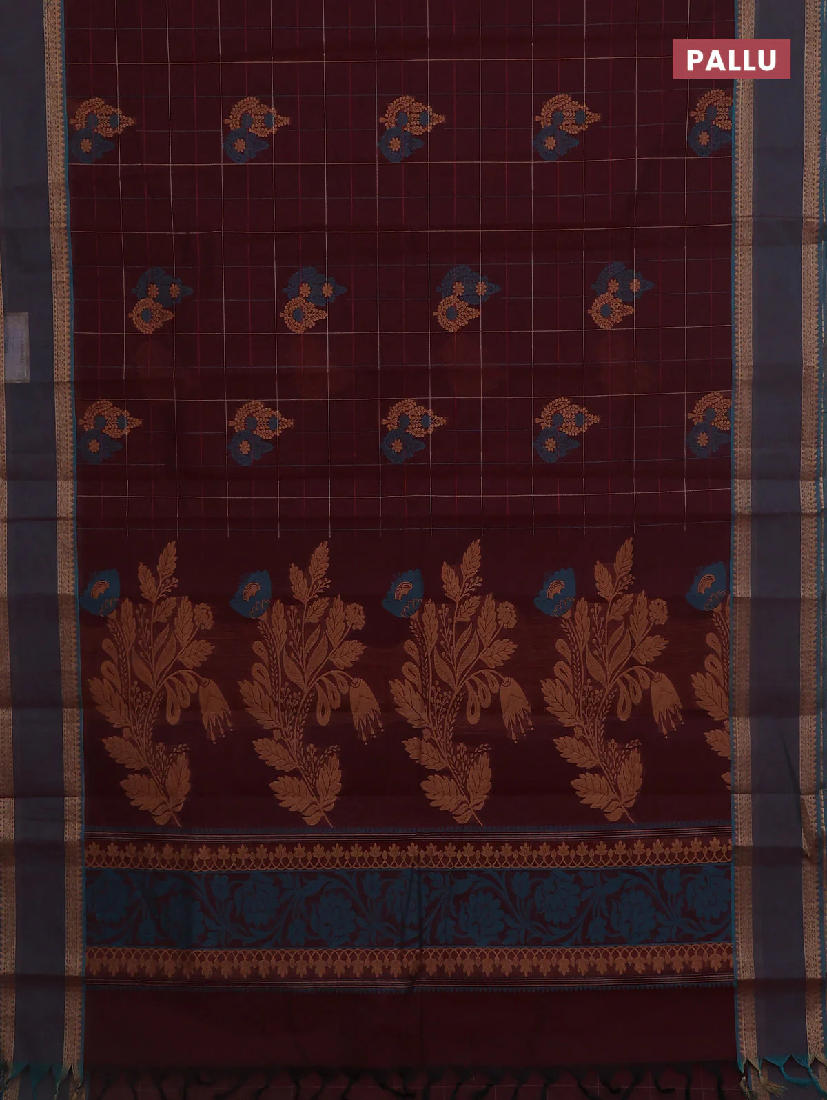 Nithyam cotton saree deep maroon and teal green with allover thread checks pattern & buttas and rettapet thread woven border - Image 3