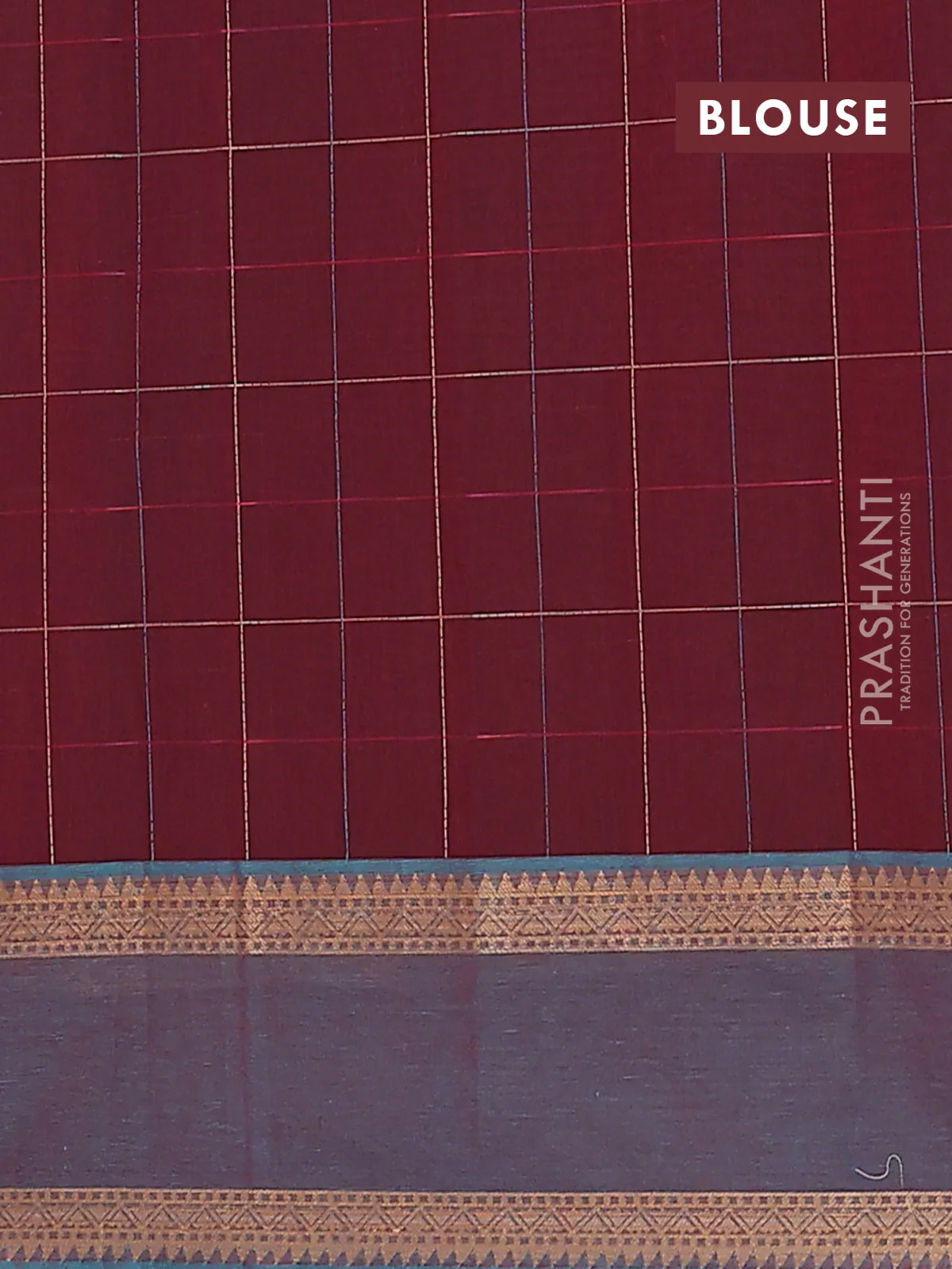 Nithyam cotton saree deep maroon and teal green with allover thread checks pattern & buttas and rettapet thread woven border - Image 4