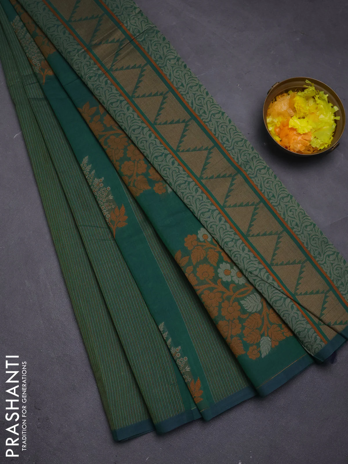 Nithyam cotton saree dual shade of green with allover thread woven stripe pattern and piping border