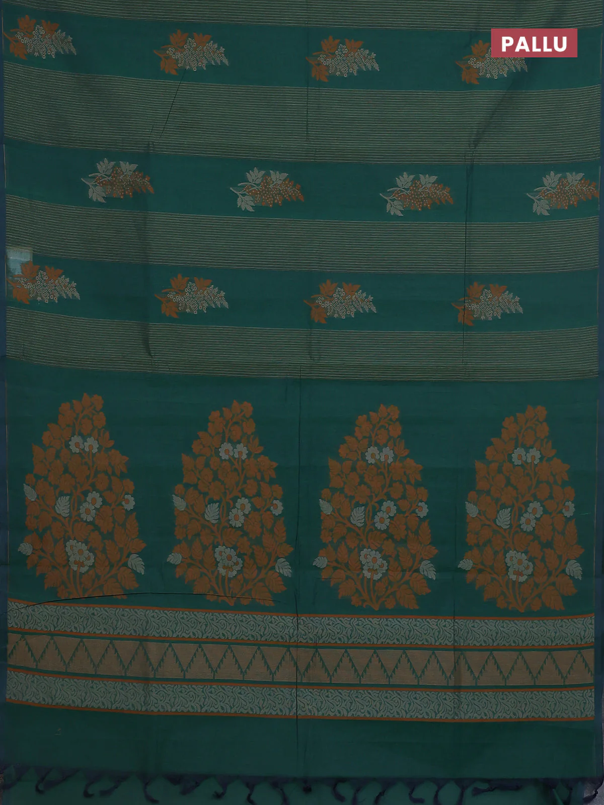 Nithyam cotton saree dual shade of green with allover thread woven stripe pattern and piping border - Image 3